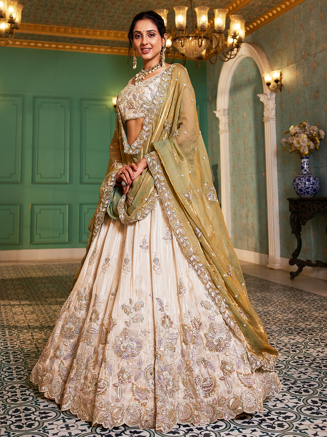 GREEN - Tissue Fabric with Sequinse & Thread embroidery Semi-Stitched Lehenga choli & Dupatta - qivii