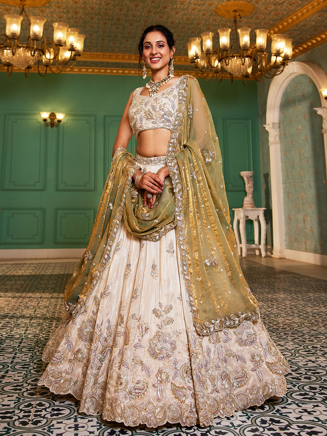 GREEN - Tissue Fabric with Sequinse & Thread embroidery Semi-Stitched Lehenga choli & Dupatta - qivii