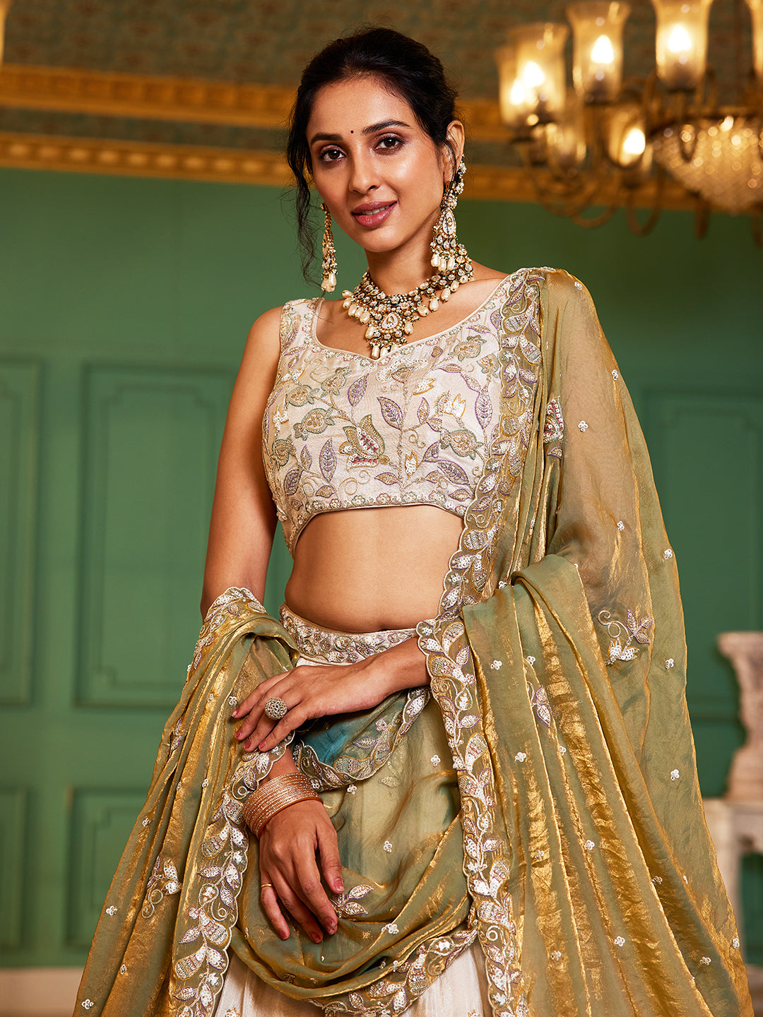 GREEN - Tissue Fabric with Sequinse & Thread embroidery Semi-Stitched Lehenga choli & Dupatta - qivii