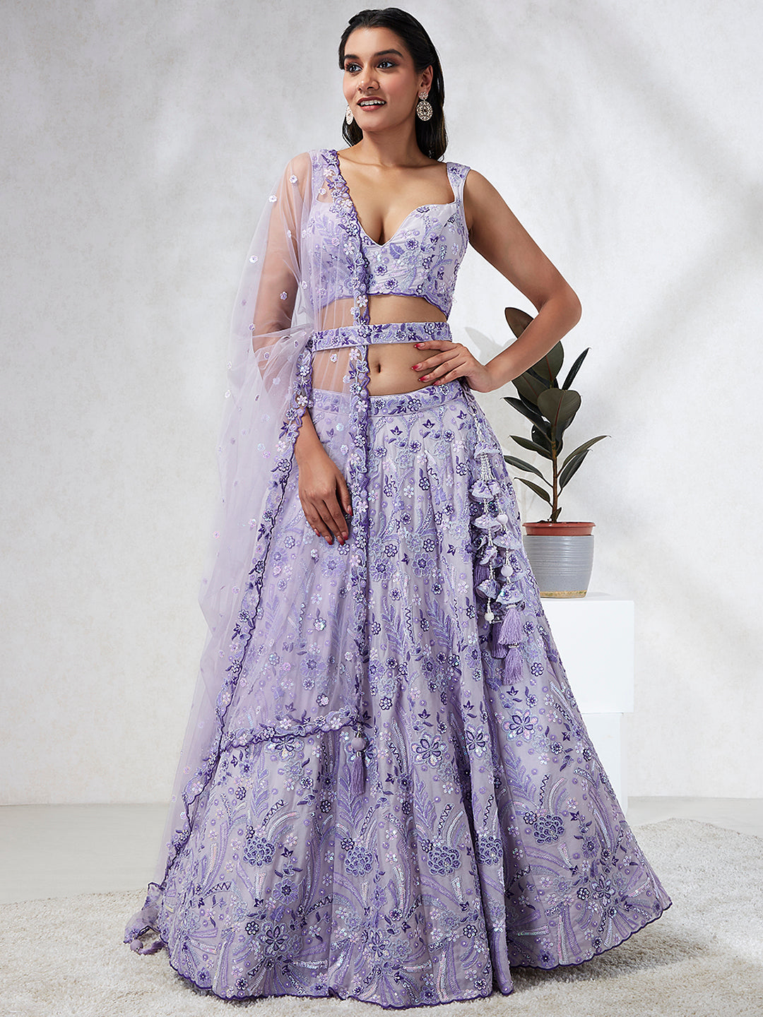 Lavender - Georgette Sequins and thread embroidery Semi-Stitched Lehenga choli - qivii