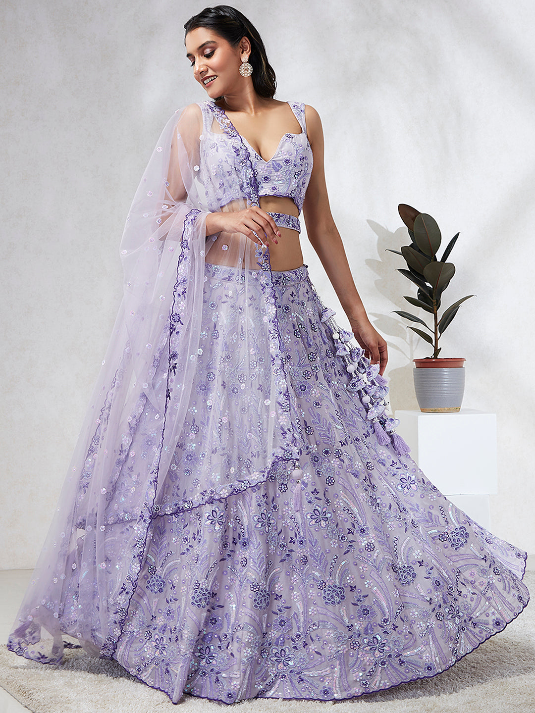 Lavender - Georgette Sequins and thread embroidery Semi-Stitched Lehenga choli - qivii