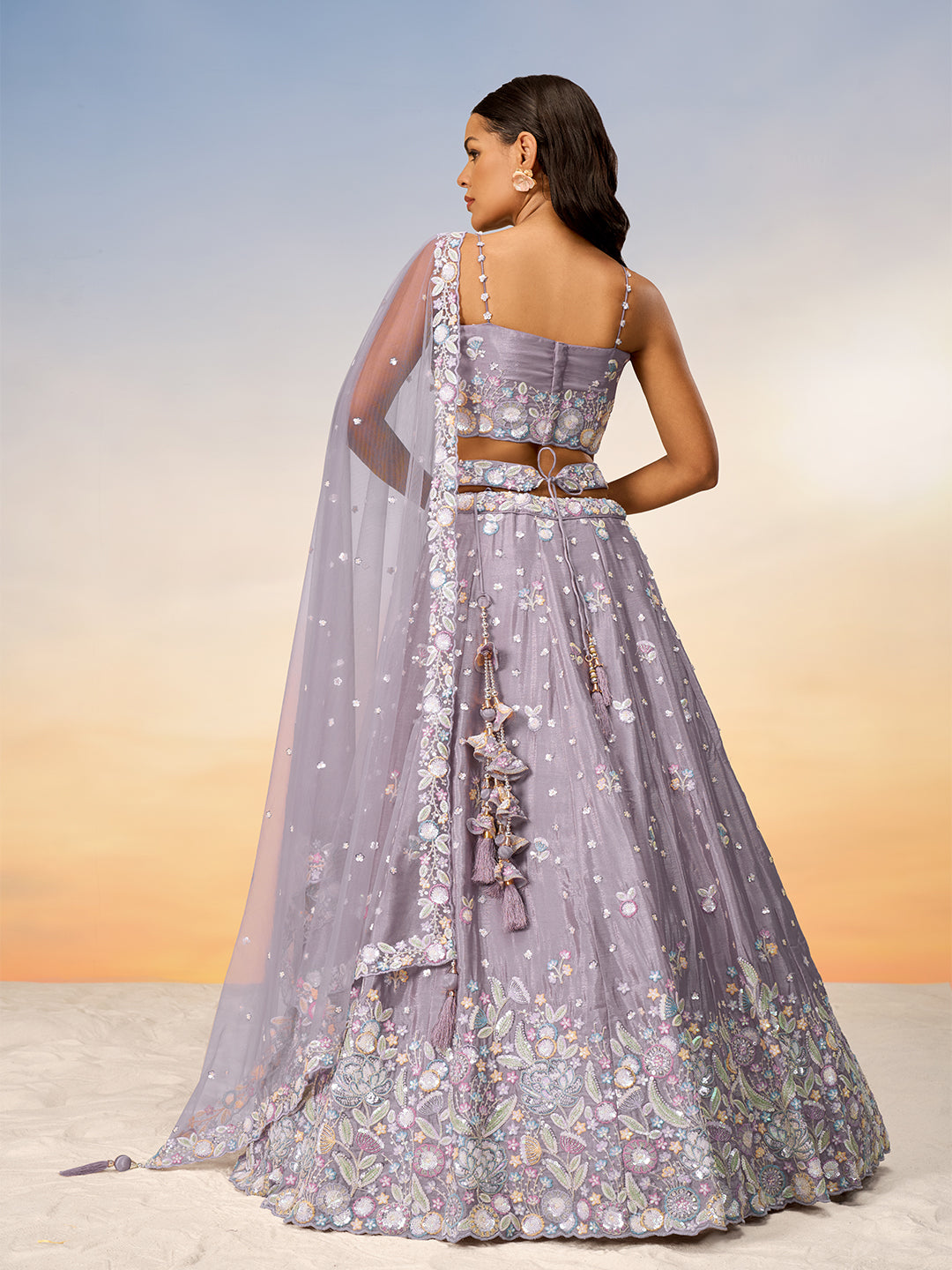 Lavender - Multi Color Chiffon Embroidered using Sequins,Thread & Coding Semi-Stitched Lehenga choli - qivii