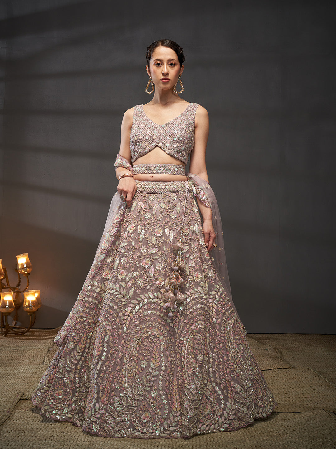 Lavender - Multi Sequins Heavy Zarkan Net Embroidered Semi-Stitched Bridal Lehenga choli - qivii