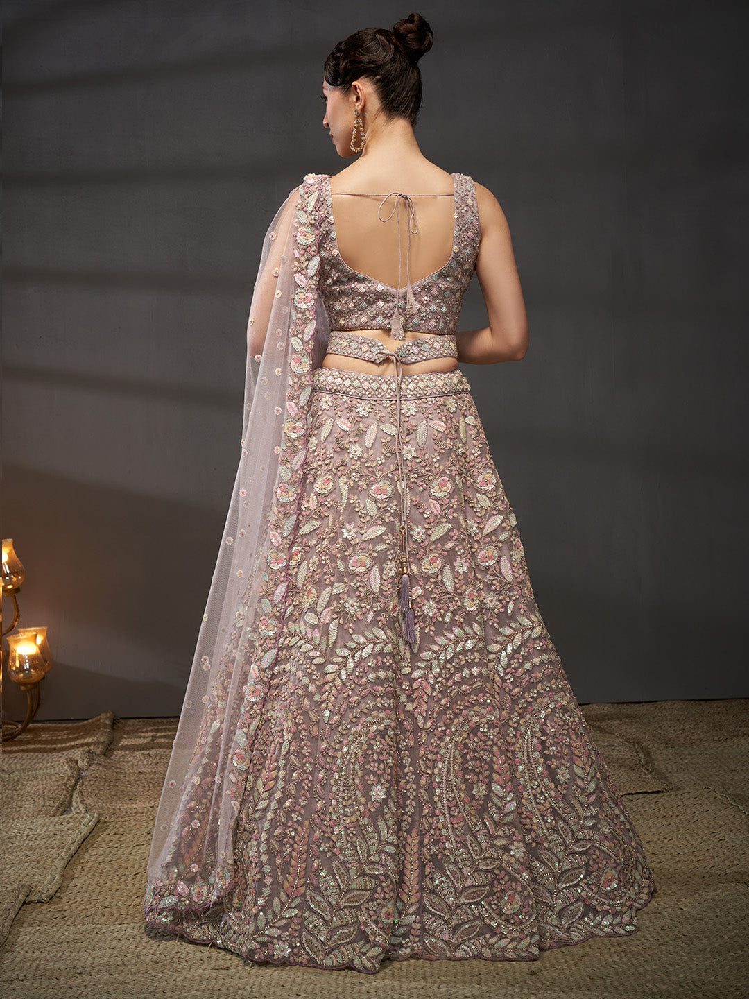 Lavender - Multi Sequins Heavy Zarkan Net Embroidered Semi-Stitched Bridal Lehenga choli - qivii