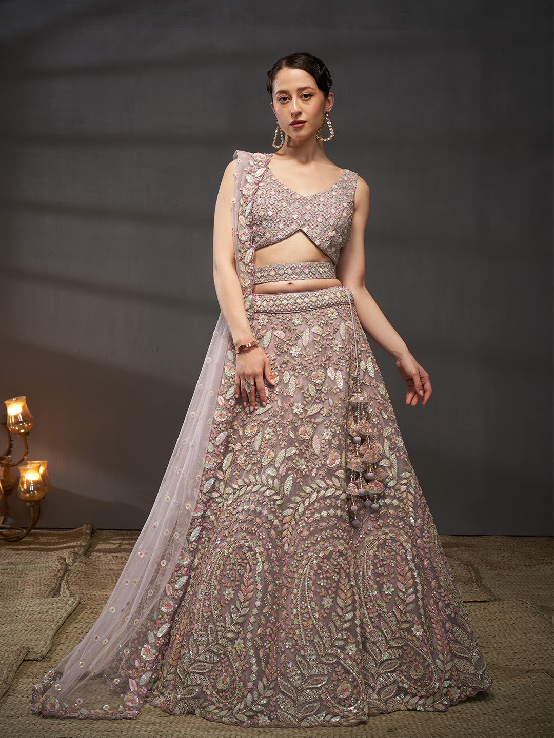 Lavender - Multi Sequins Heavy Zarkan Net Embroidered Semi-Stitched Bridal Lehenga choli - qivii