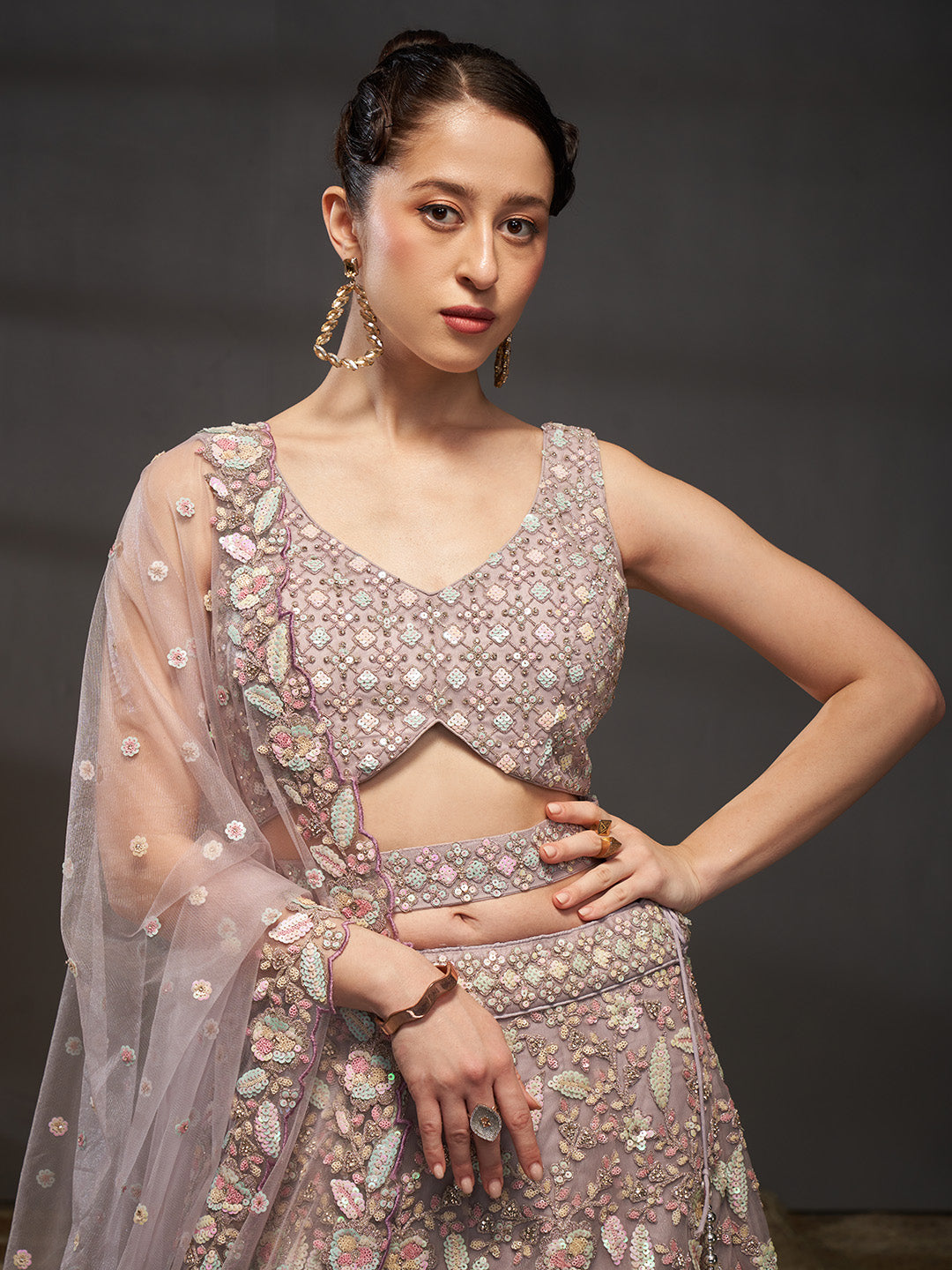 Lavender - Multi Sequins Heavy Zarkan Net Embroidered Semi-Stitched Bridal Lehenga choli - qivii