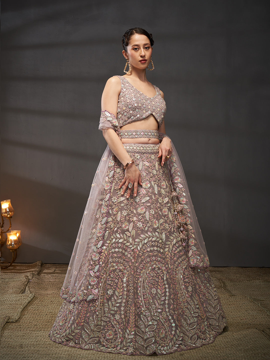 Lavender - Multi Sequins Heavy Zarkan Net Embroidered Semi-Stitched Bridal Lehenga choli - qivii
