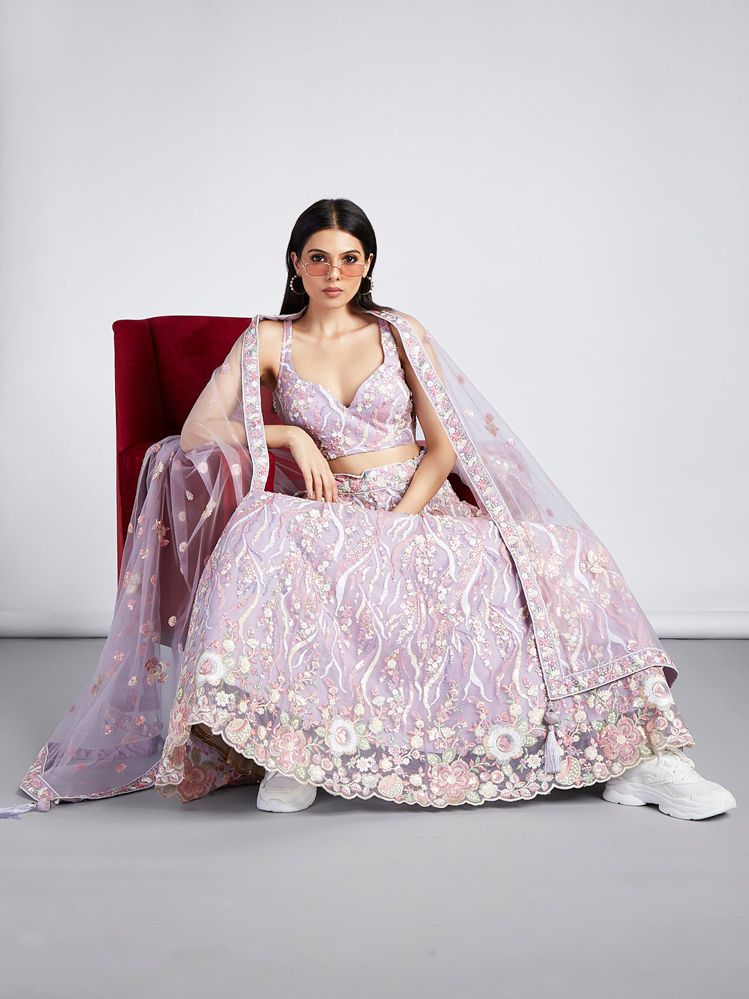 Lavender - Multi-Sequins & Thread Work Embroidery Net Semi-Stitched Lehenga - qivii