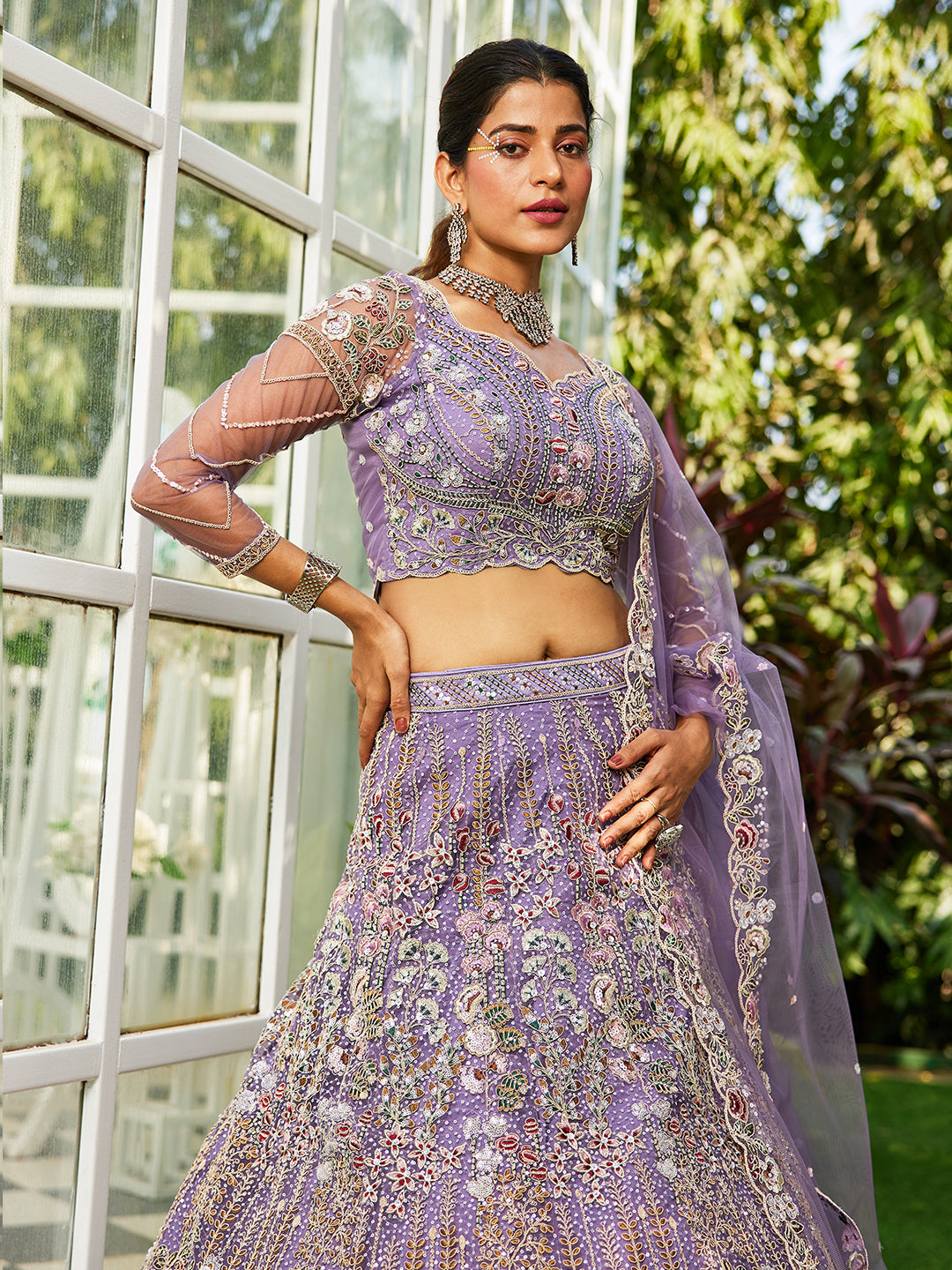 Lavender - Net Heavy Embroidered Multi-Color Sequins Work Using Zarkan & Mirror Semi-Stitched Lehenga Choli - qivii