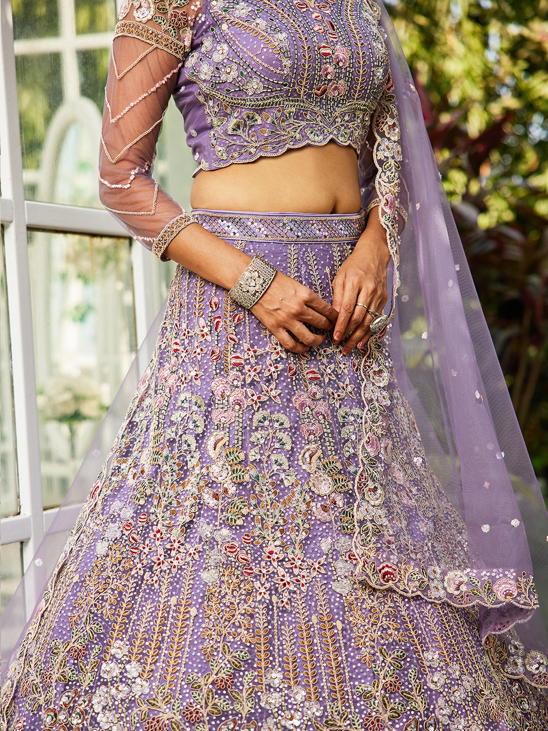 Lavender - Net Heavy Embroidered Multi-Color Sequins Work Using Zarkan & Mirror Semi-Stitched Lehenga Choli - qivii