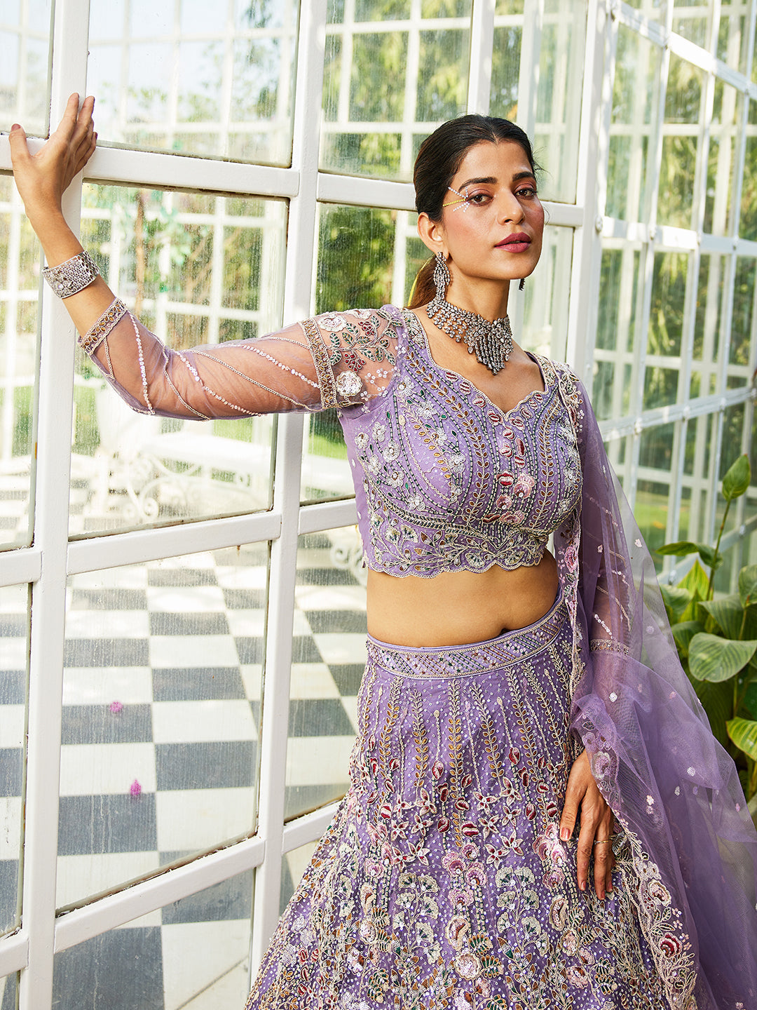Lavender - Net Heavy Embroidered Multi-Color Sequins Work Using Zarkan & Mirror Semi-Stitched Lehenga Choli - qivii