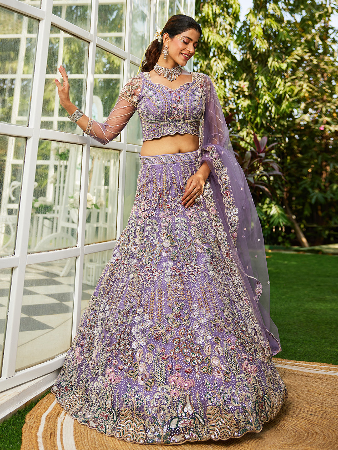 Lavender - Net Heavy Embroidered Multi-Color Sequins Work Using Zarkan & Mirror Semi-Stitched Lehenga Choli - qivii