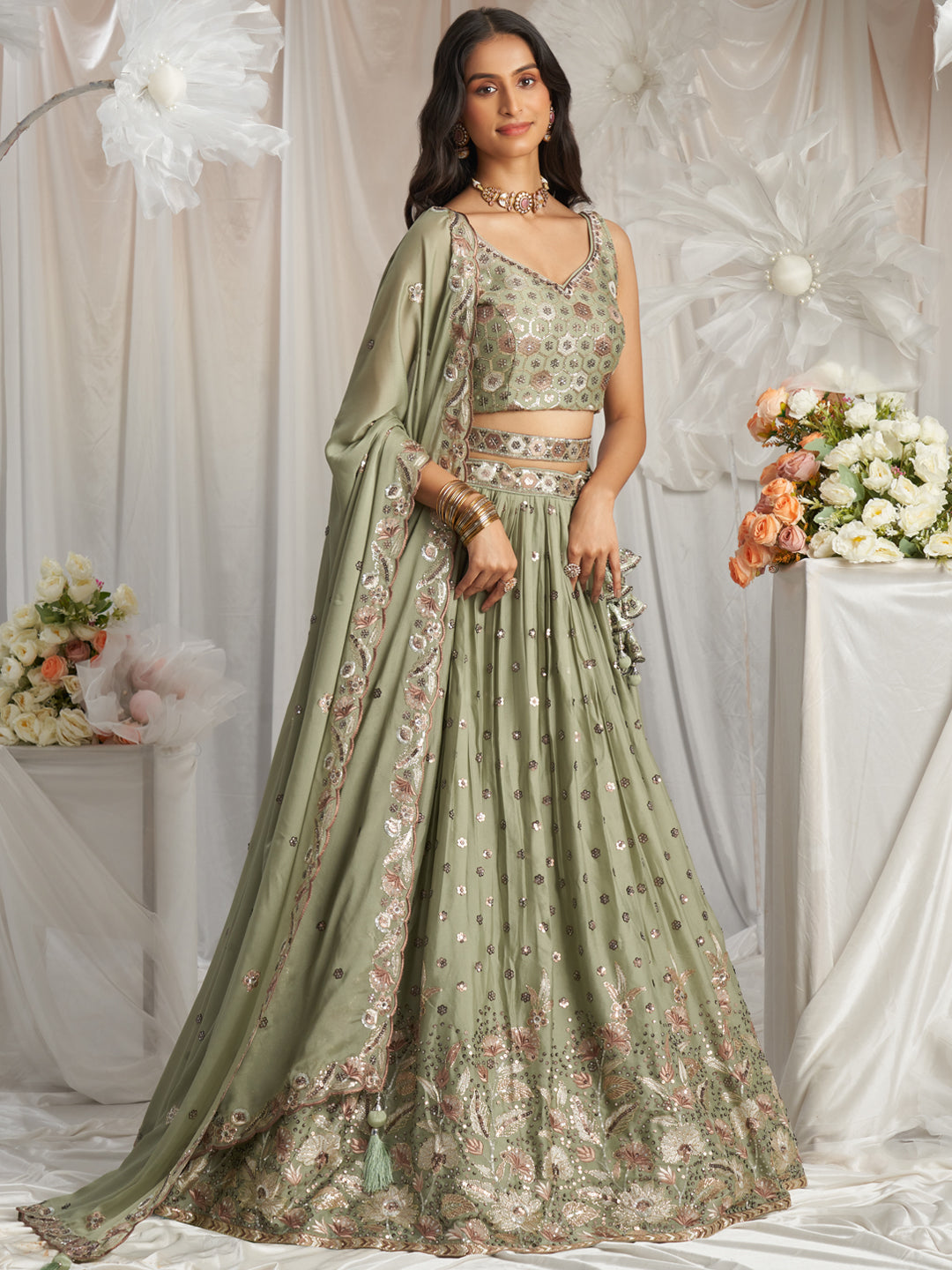 Limegreen - Golden Dull-Bright Sequin,Golden-Sliver Threaded Embroidered Georgette Semi-Stitched Lehenga choli - qivii