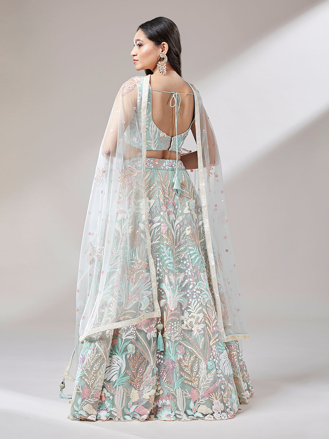 Limegreen - Net Multi-Sequins Work Semi-Stitched Lehenga - qivii