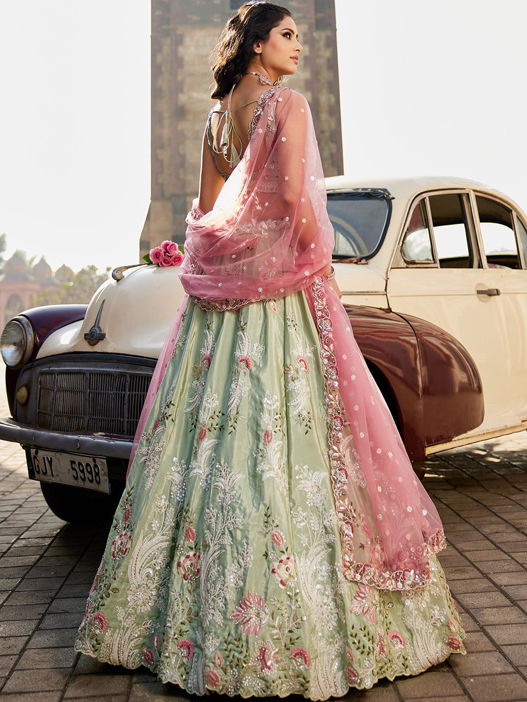 LIMEGREEN - Satin Silk Fabric Sequins embroidery Semi-Stitched Lehenga choli & Dupatta - qivii