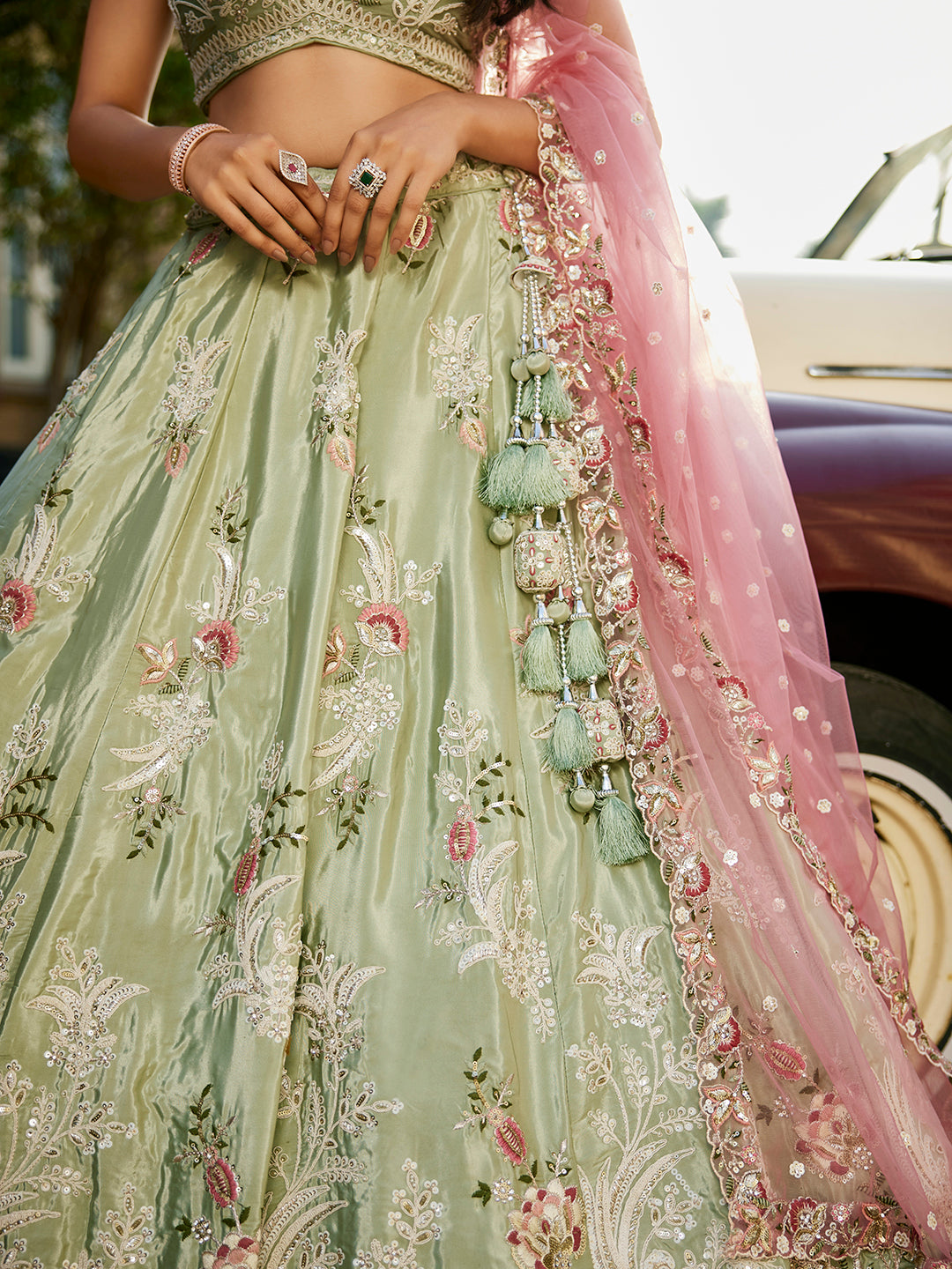 LIMEGREEN - Satin Silk Fabric Sequins embroidery Semi-Stitched Lehenga choli & Dupatta - qivii