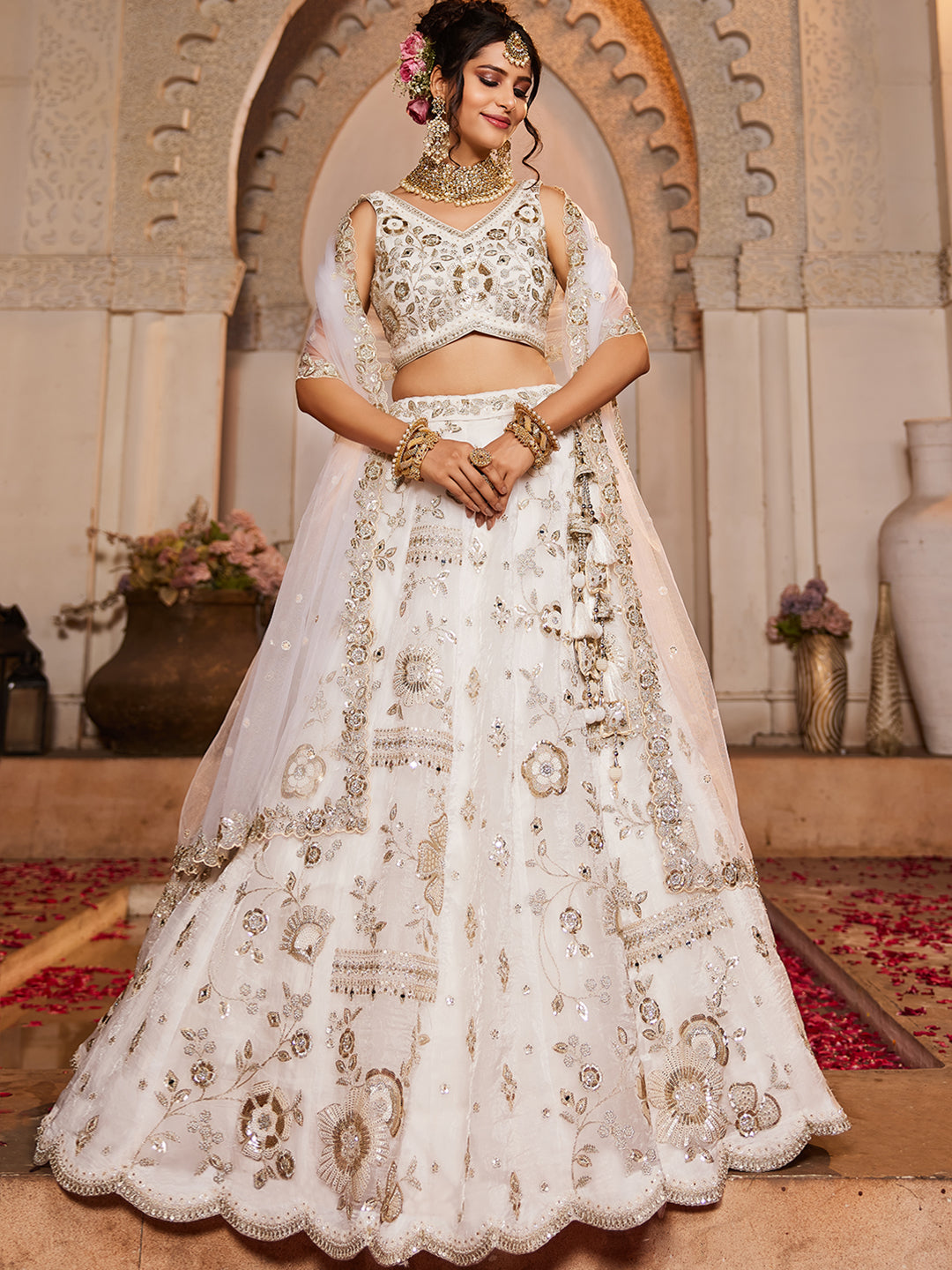 OFFWHITE - Tissue Fabric Sequins embroidery Semi-Stitched Lehenga choli & Dupatta - qivii