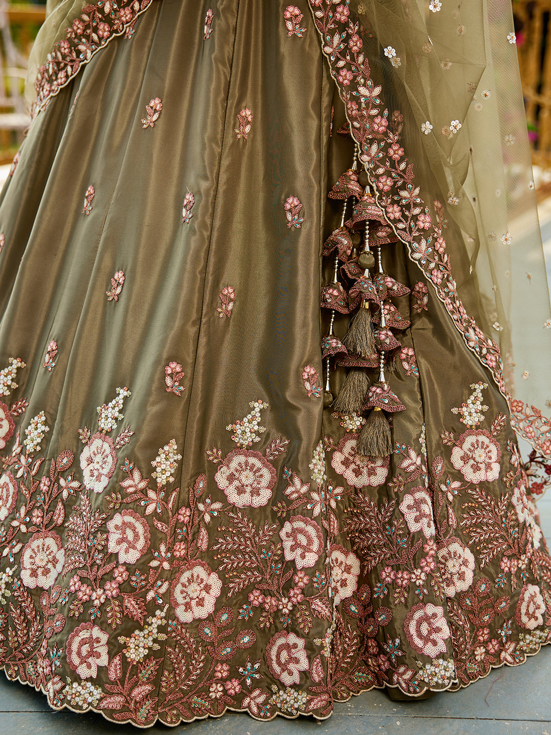 Olive - Satin Sequinse embroidery Semi-Stitched Lehenga choli & Dupatta - qivii
