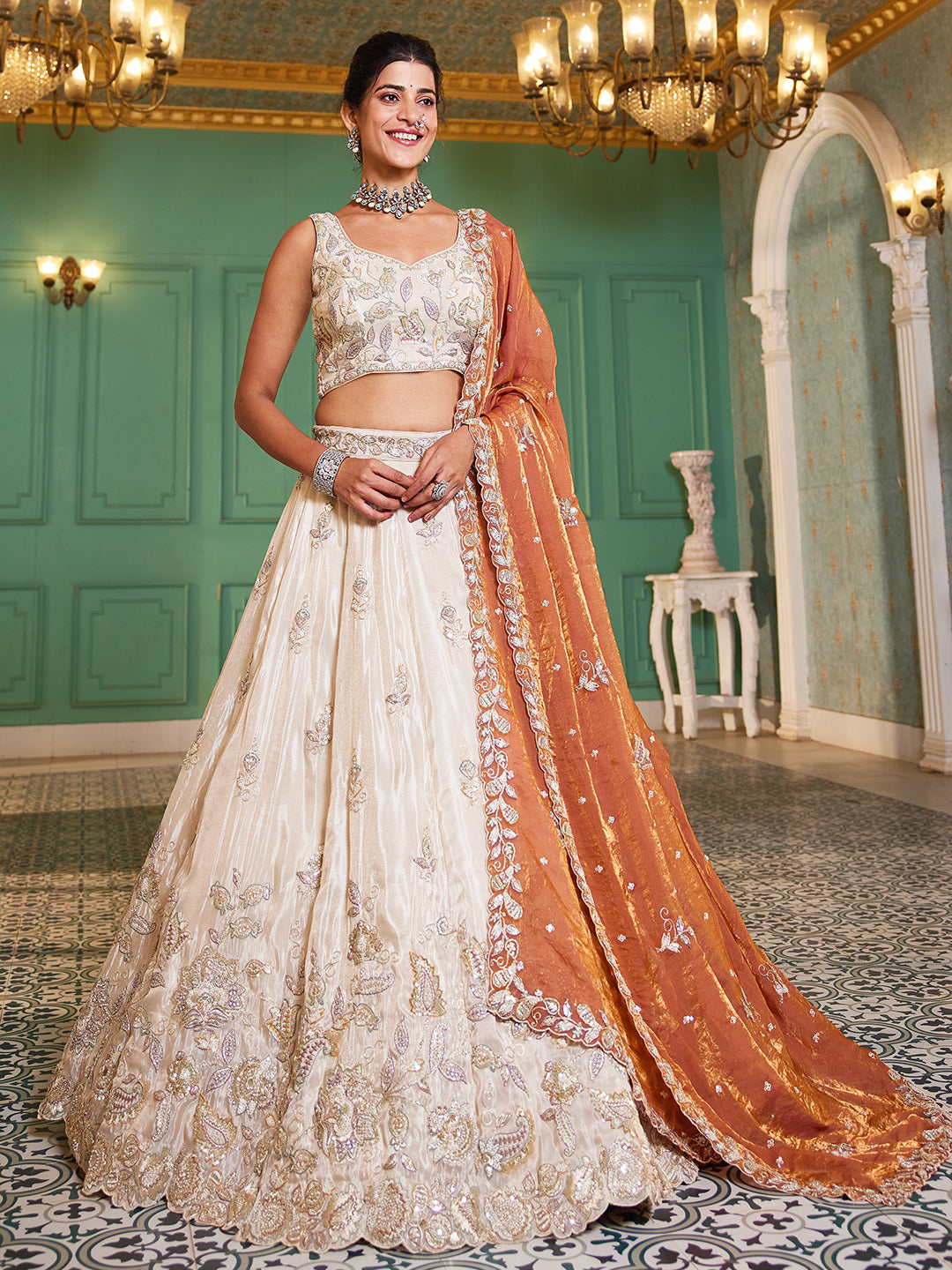 ORANGE - Tissue Fabric with Sequinse & Thread embroidery Semi-Stitched Lehenga choli & Dupatta - qivii