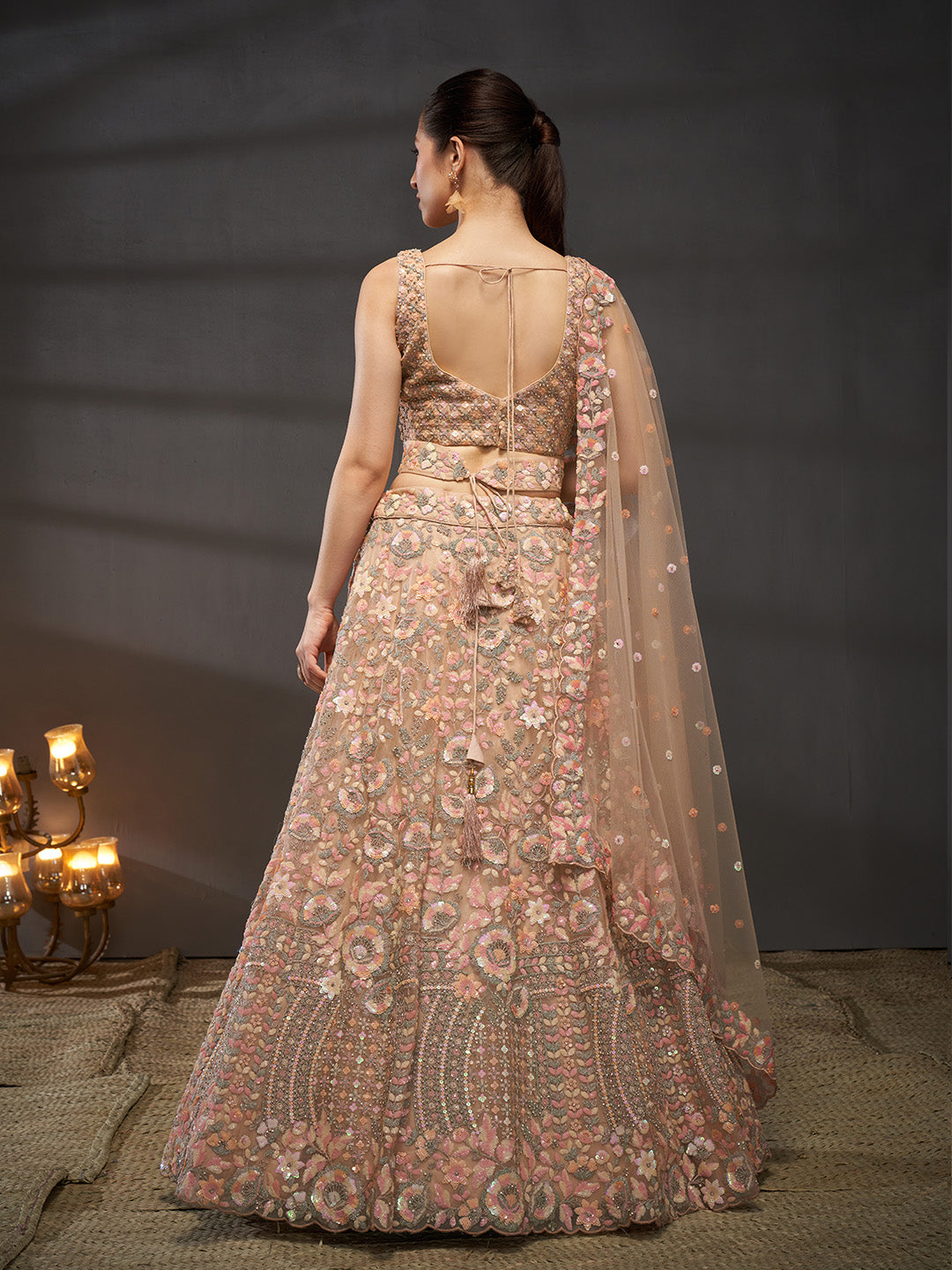 Peach - Multi Sequins Embroidered Net Semi-Stitched Bridal Lehenga choli - qivii