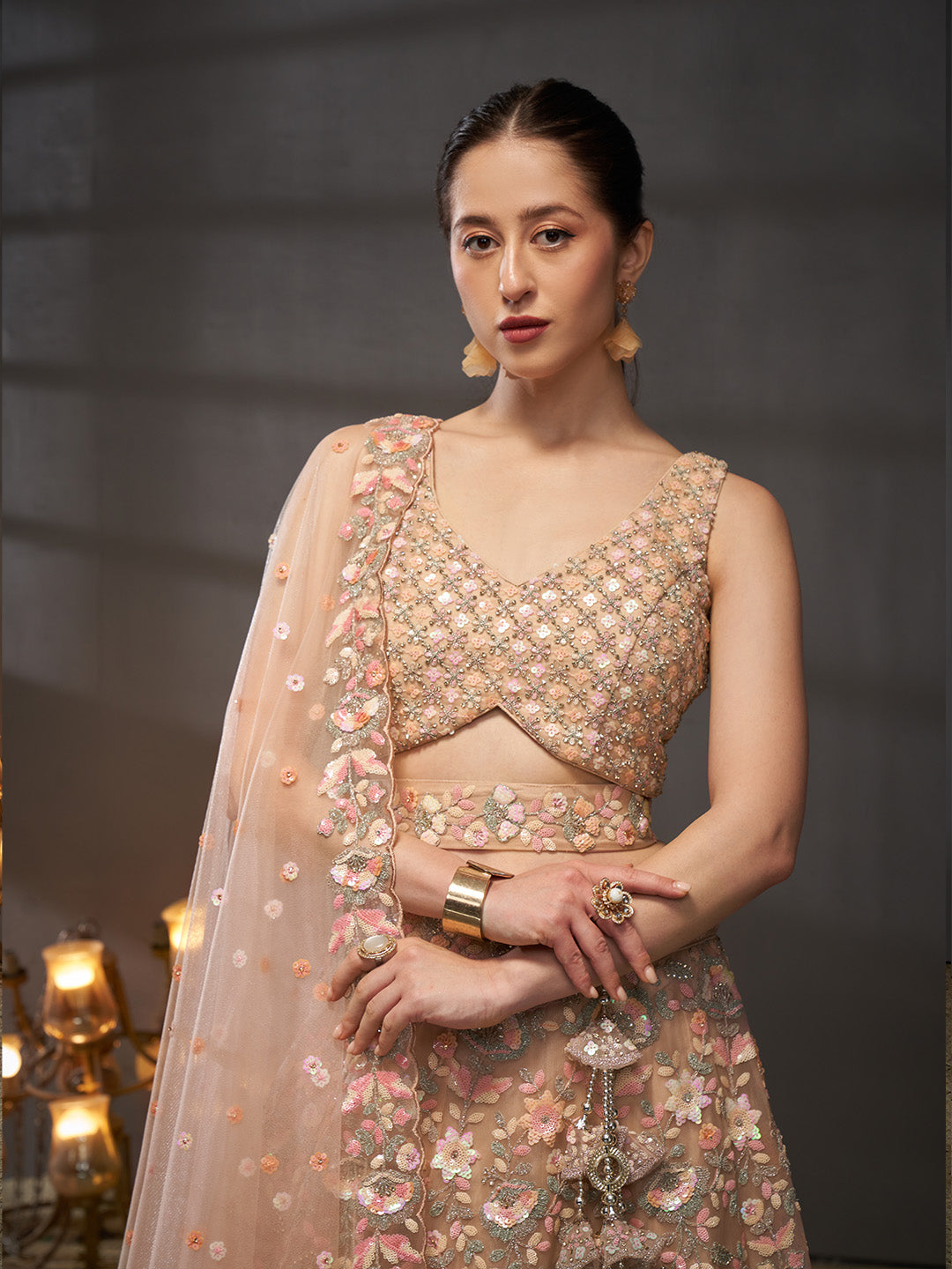 Peach - Multi Sequins Embroidered Net Semi-Stitched Bridal Lehenga choli - qivii