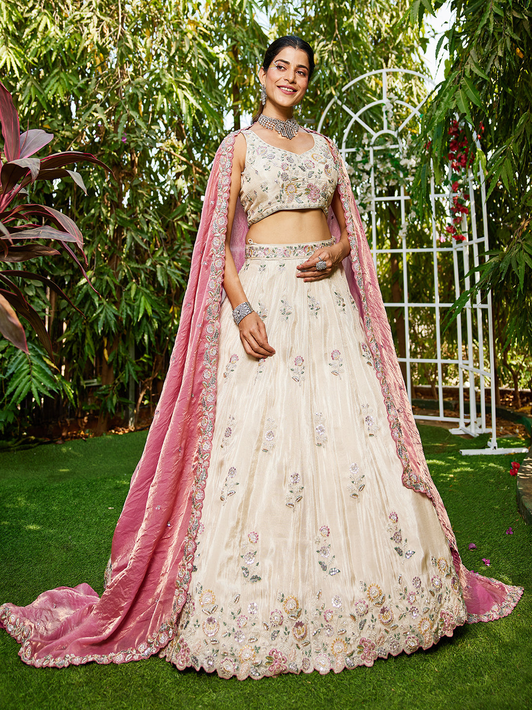 PINK - Tissue Fabric with Sequinse & Thread embroidery Semi-Stitched Lehenga choli & Dupatta - qivii