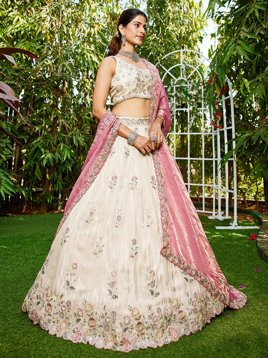 PINK - Tissue Fabric with Sequinse & Thread embroidery Semi-Stitched Lehenga choli & Dupatta - qivii