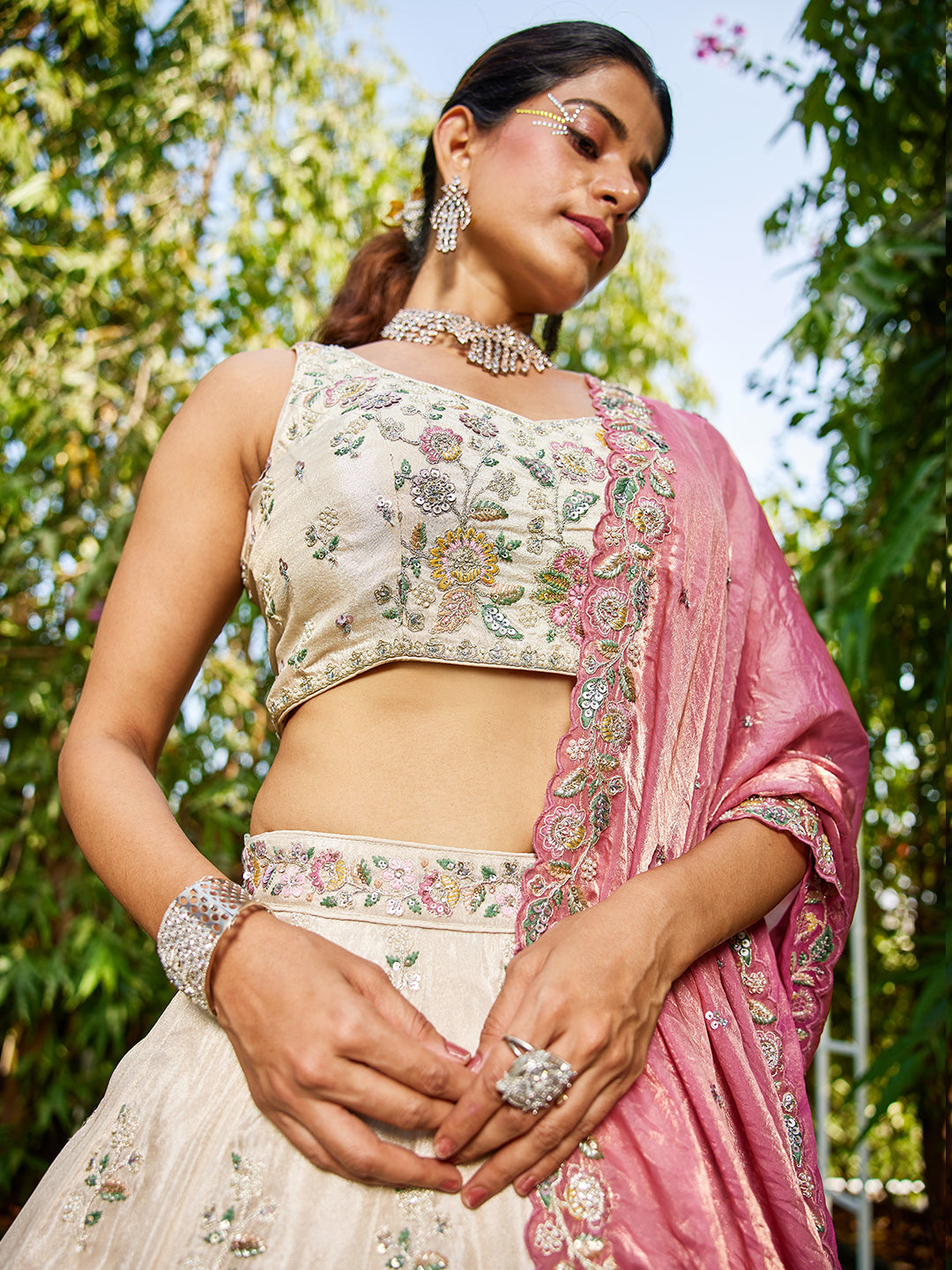 PINK - Tissue Fabric with Sequinse & Thread embroidery Semi-Stitched Lehenga choli & Dupatta - qivii