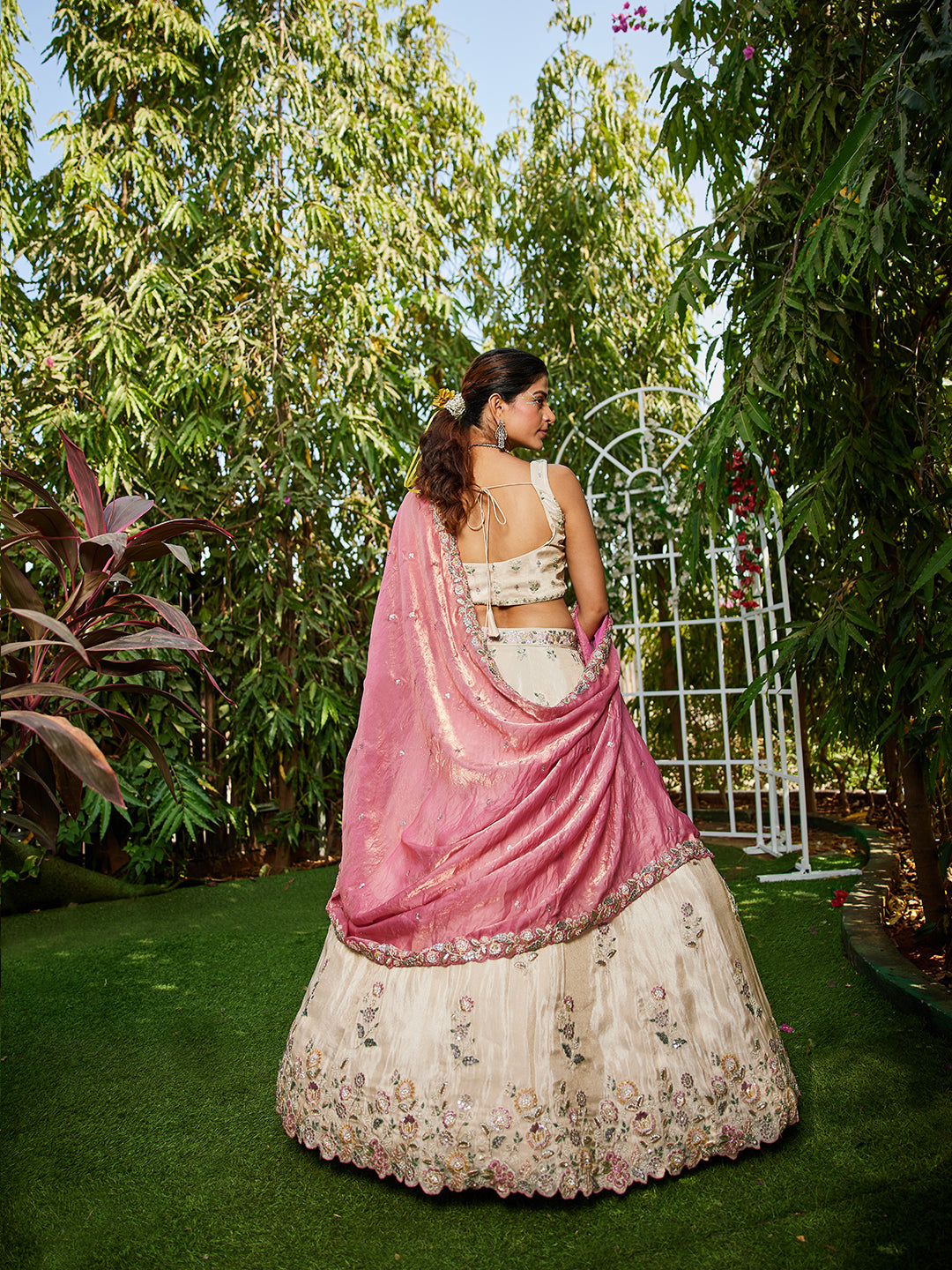 PINK - Tissue Fabric with Sequinse & Thread embroidery Semi-Stitched Lehenga choli & Dupatta - qivii