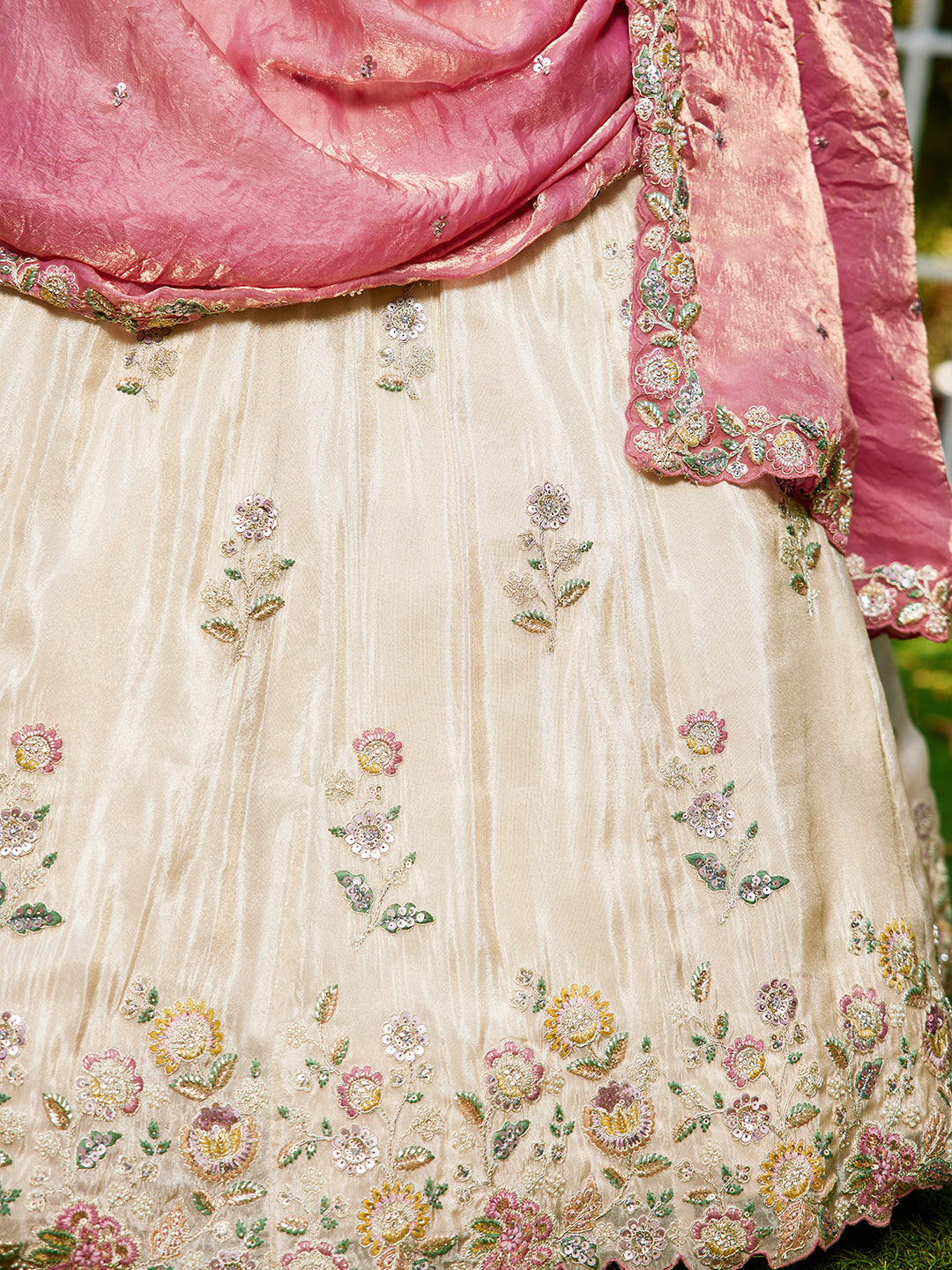 PINK - Tissue Fabric with Sequinse & Thread embroidery Semi-Stitched Lehenga choli & Dupatta - qivii