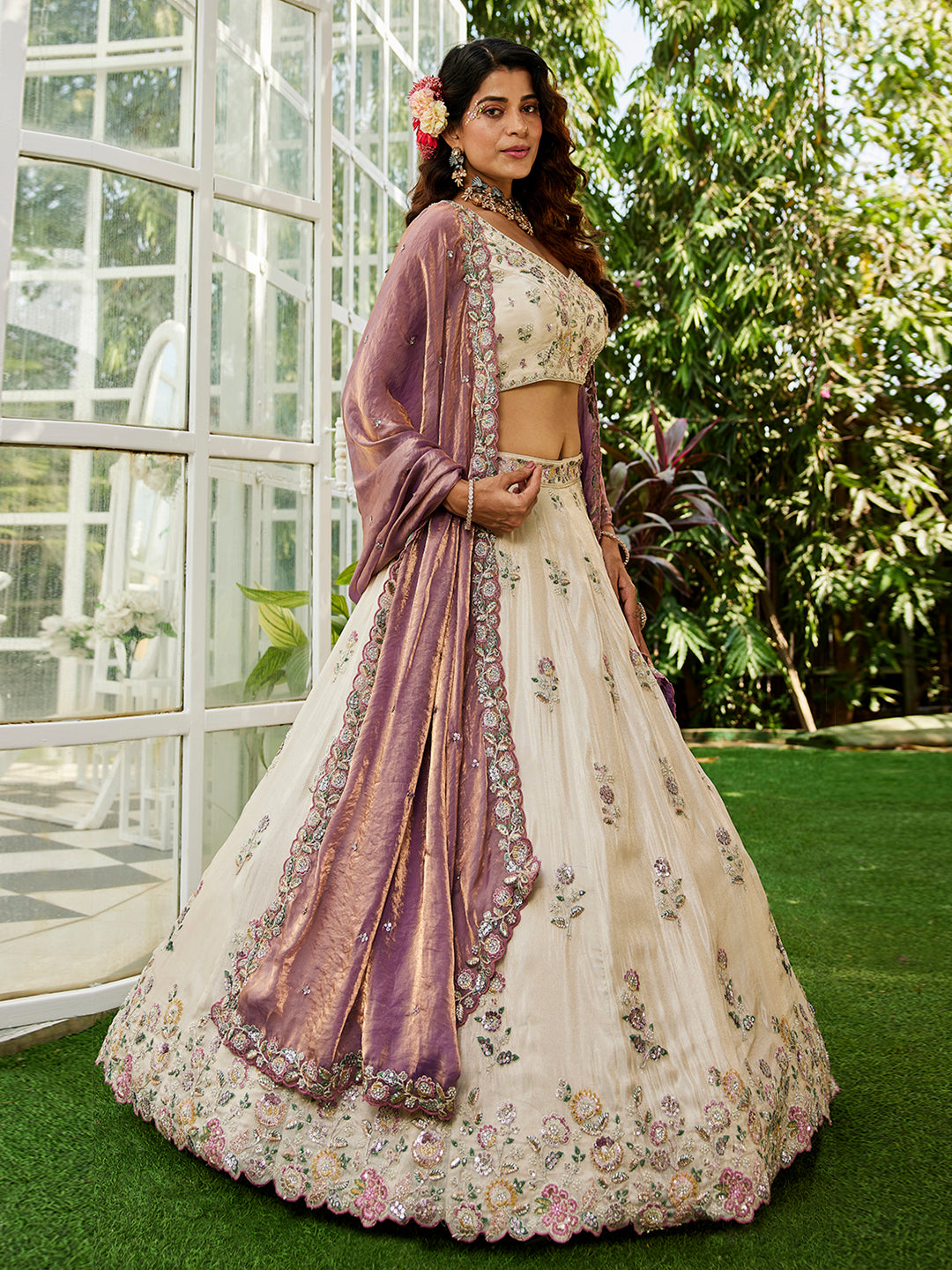 PURPLE - Tissue Fabric with Sequinse & Thread embroidery Semi-Stitched Lehenga choli & Dupatta - qivii