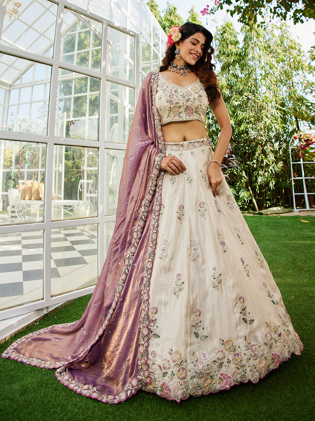 PURPLE - Tissue Fabric with Sequinse & Thread embroidery Semi-Stitched Lehenga choli & Dupatta - qivii