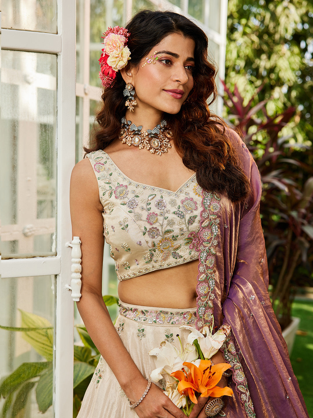 PURPLE - Tissue Fabric with Sequinse & Thread embroidery Semi-Stitched Lehenga choli & Dupatta - qivii