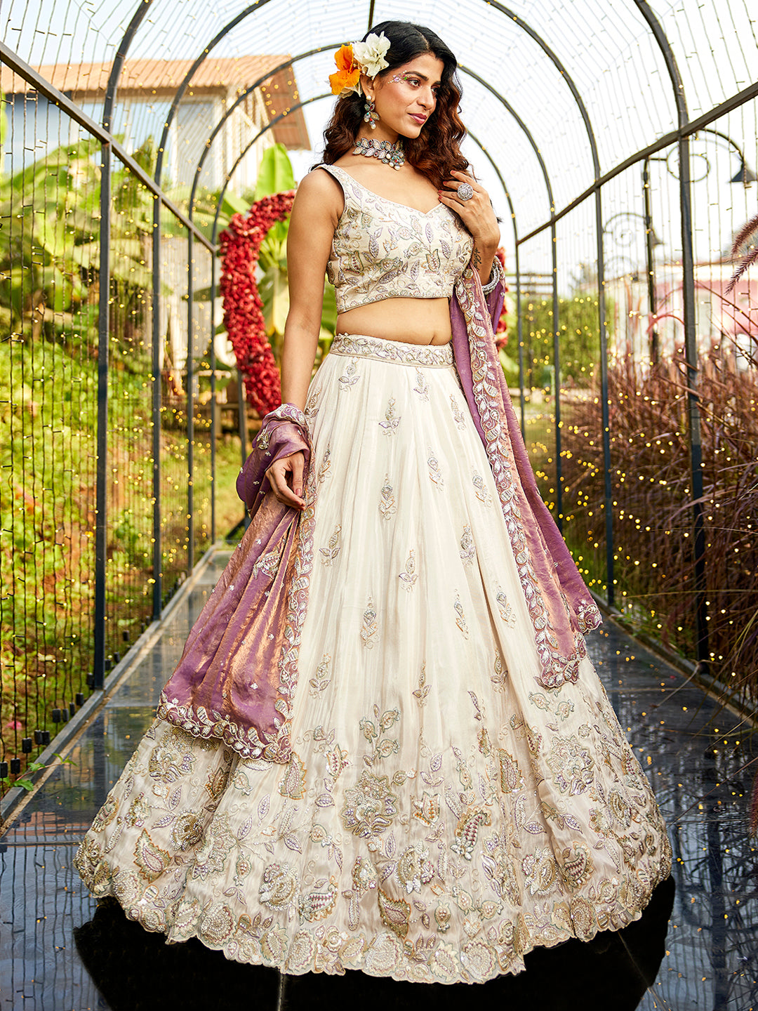 PURPLE - Tissue Fabric with Sequinse & Thread embroidery Semi-Stitched Lehenga choli & Dupatta - qivii