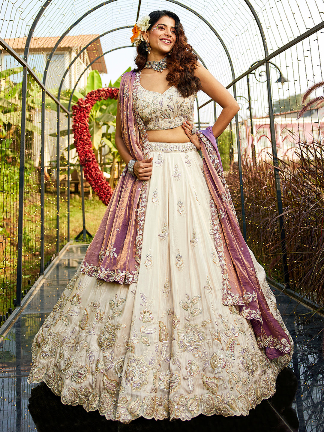 PURPLE - Tissue Fabric with Sequinse & Thread embroidery Semi-Stitched Lehenga choli & Dupatta - qivii
