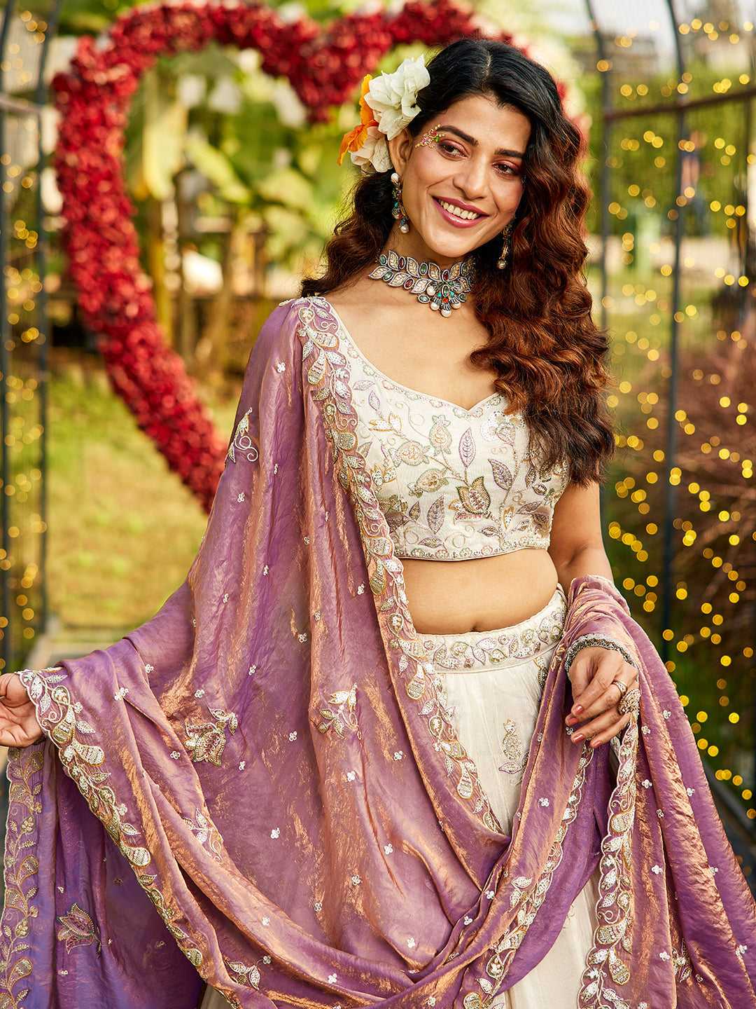 PURPLE - Tissue Fabric with Sequinse & Thread embroidery Semi-Stitched Lehenga choli & Dupatta - qivii