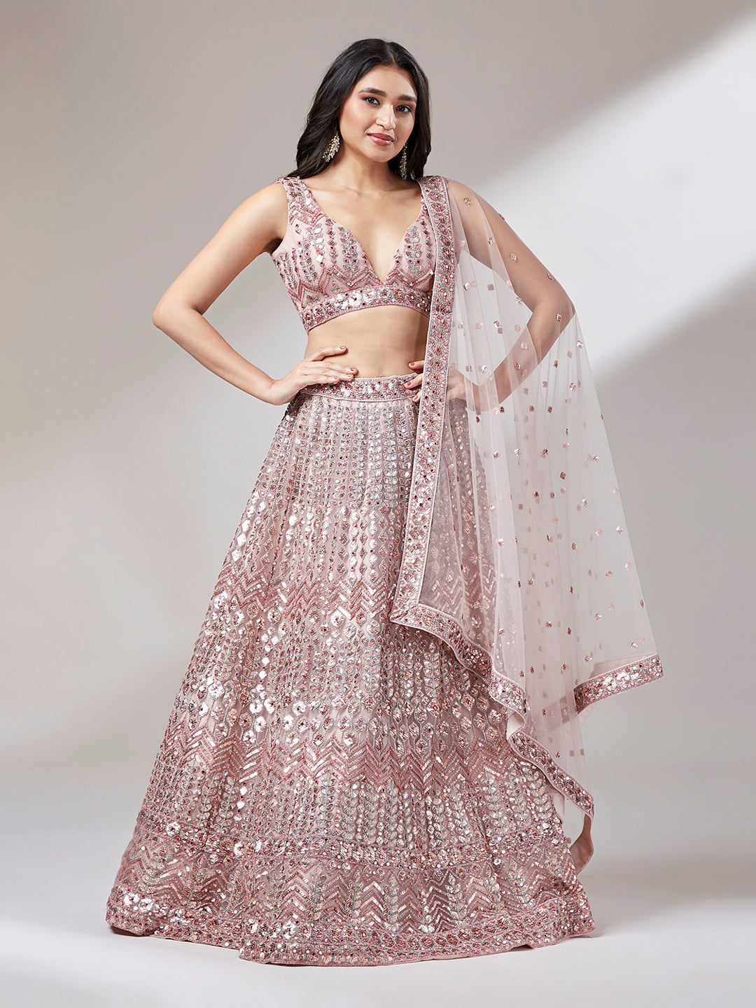 Rosegold - Net Mirror & Sequins Embroiderey Semi-Stitched Lehenga choli - qivii
