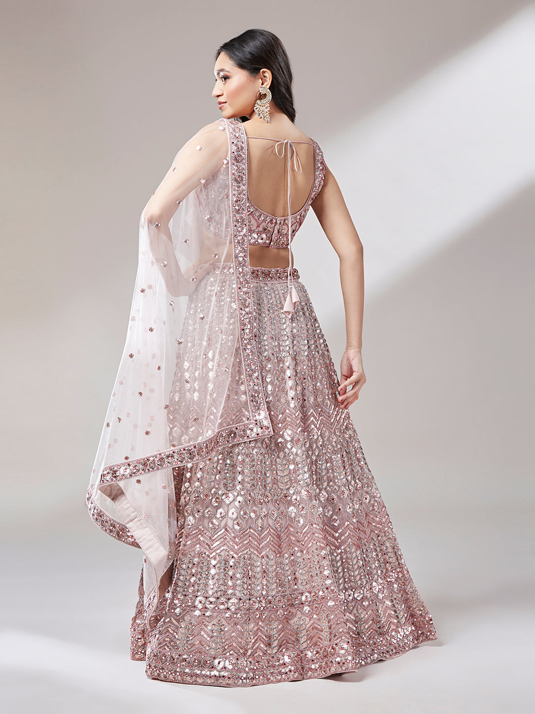 Rosegold - Net Mirror & Sequins Embroiderey Semi-Stitched Lehenga choli - qivii