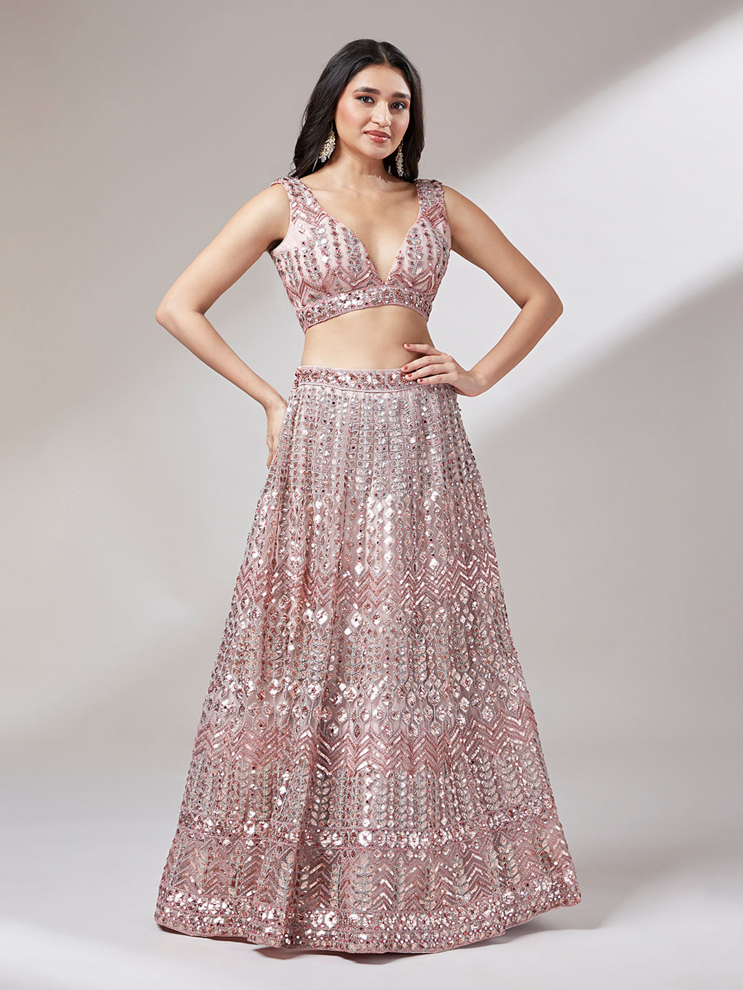 Rosegold - Net Mirror & Sequins Embroiderey Semi-Stitched Lehenga choli - qivii