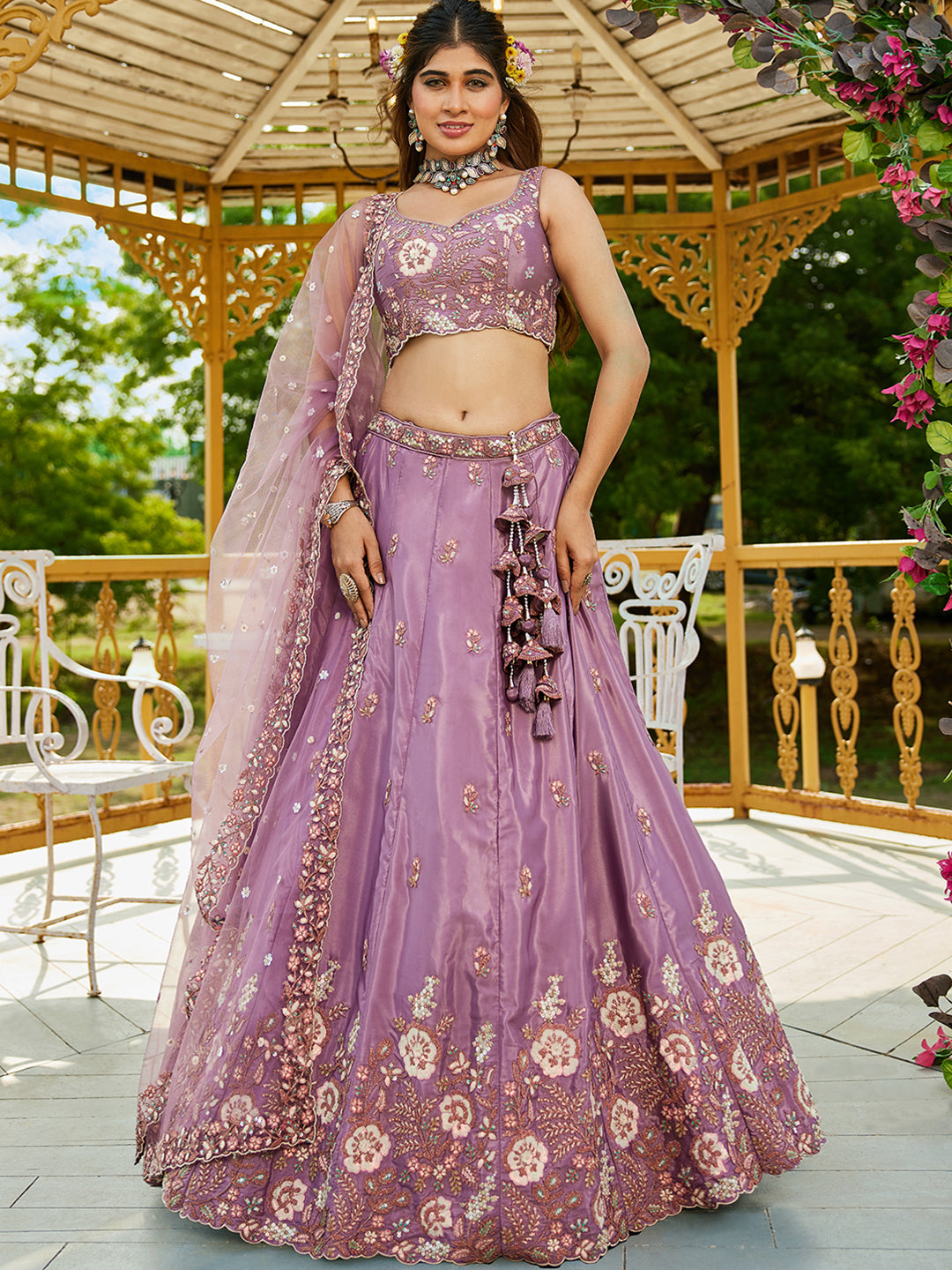 Rosegold - Satin Sequinse embroidery Semi-Stitched Lehenga choli & Dupatta - qivii