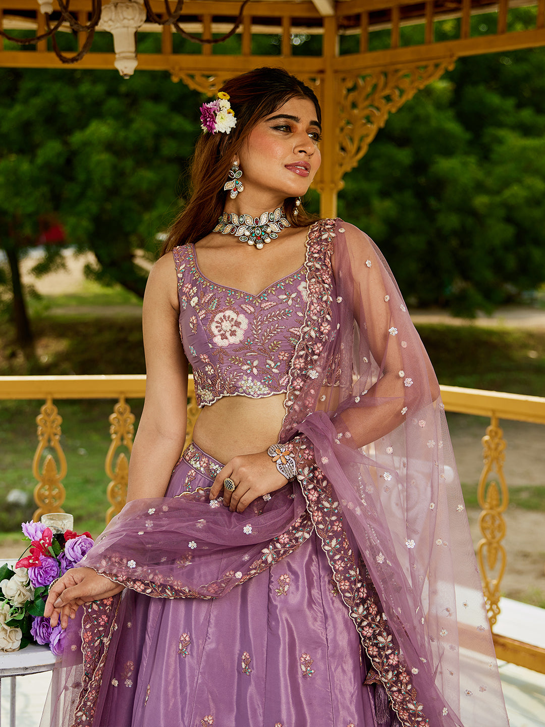 Rosegold - Satin Sequinse embroidery Semi-Stitched Lehenga choli & Dupatta - qivii