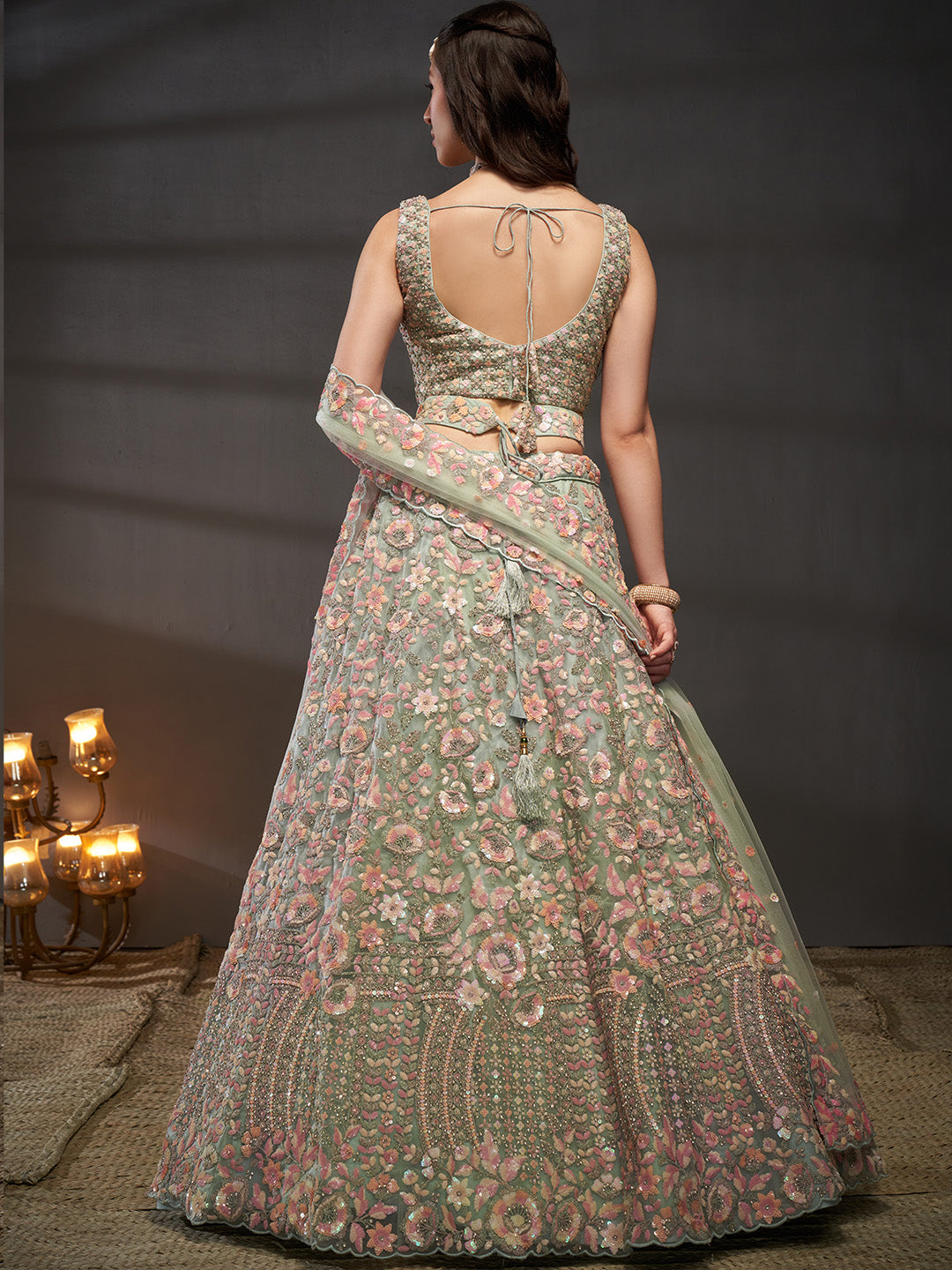 Seagreen - Multi Sequins Embroidered Net Semi-Stitched Bridal Lehenga choli - qivii