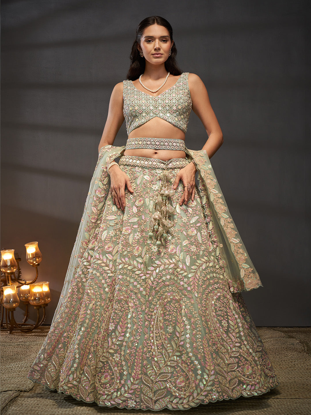 Seagreen - Multi Sequins Heavy Zarkan Net Embroidered Semi-Stitched Bridal Lehenga choli - qivii