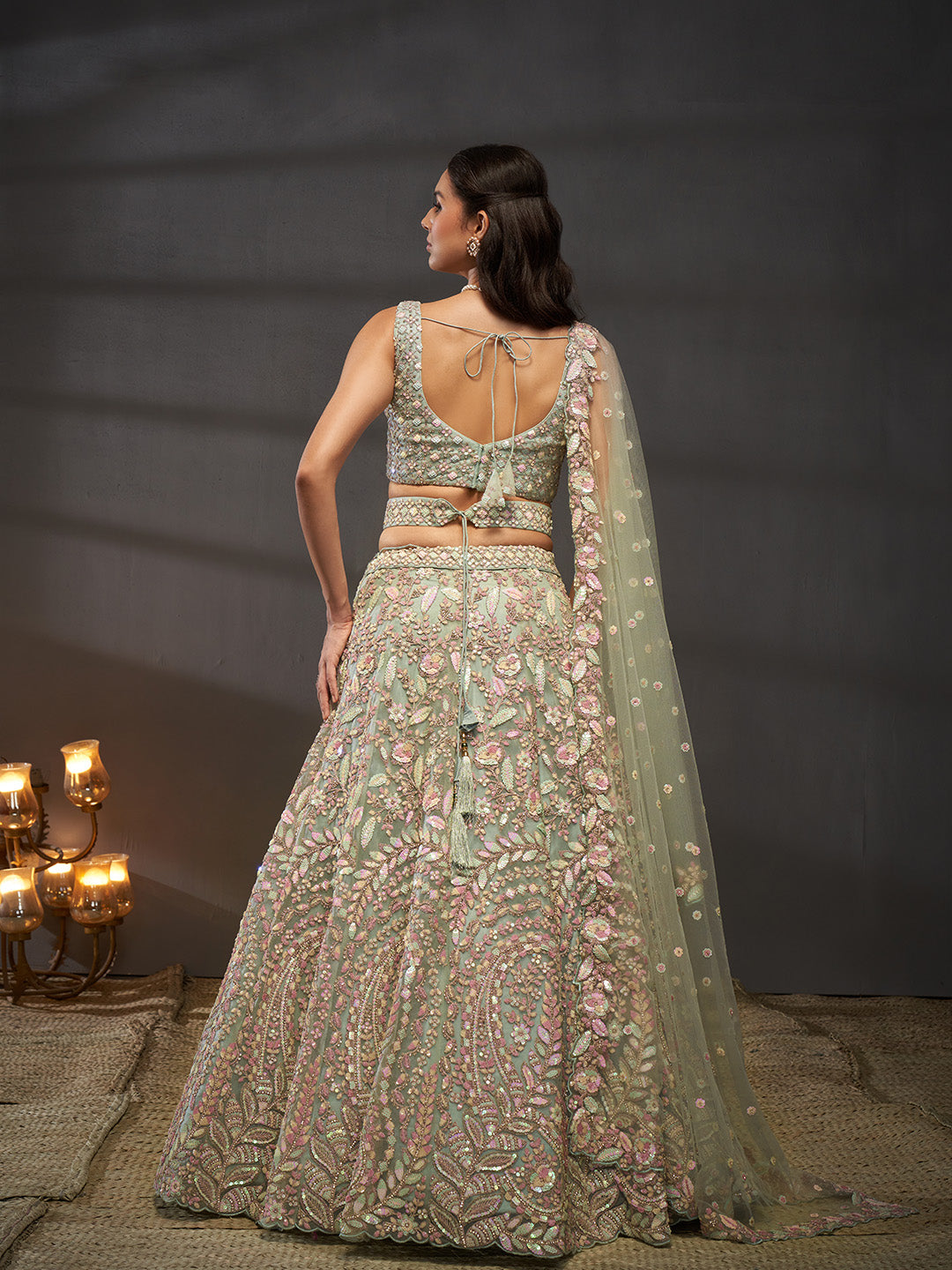Seagreen - Multi Sequins Heavy Zarkan Net Embroidered Semi-Stitched Bridal Lehenga choli - qivii