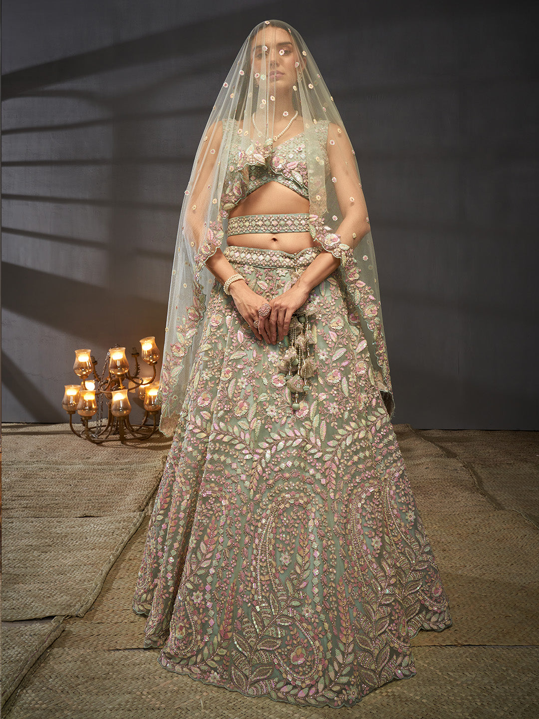 Seagreen - Multi Sequins Heavy Zarkan Net Embroidered Semi-Stitched Bridal Lehenga choli - qivii