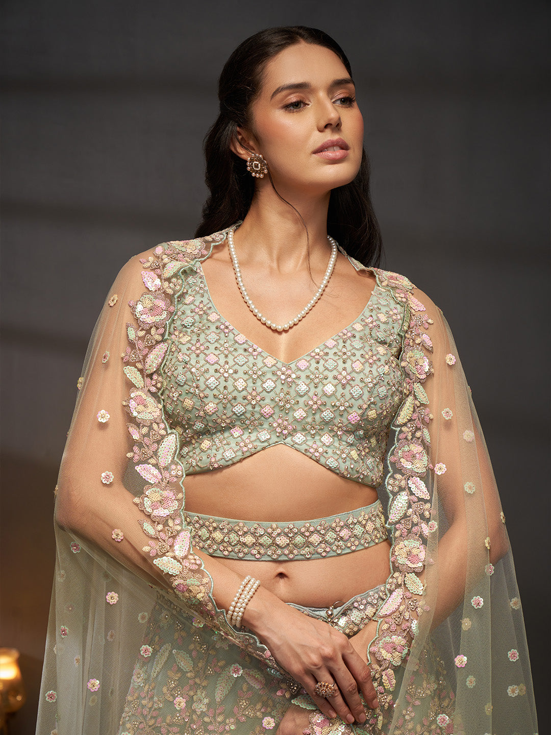 Seagreen - Multi Sequins Heavy Zarkan Net Embroidered Semi-Stitched Bridal Lehenga choli - qivii