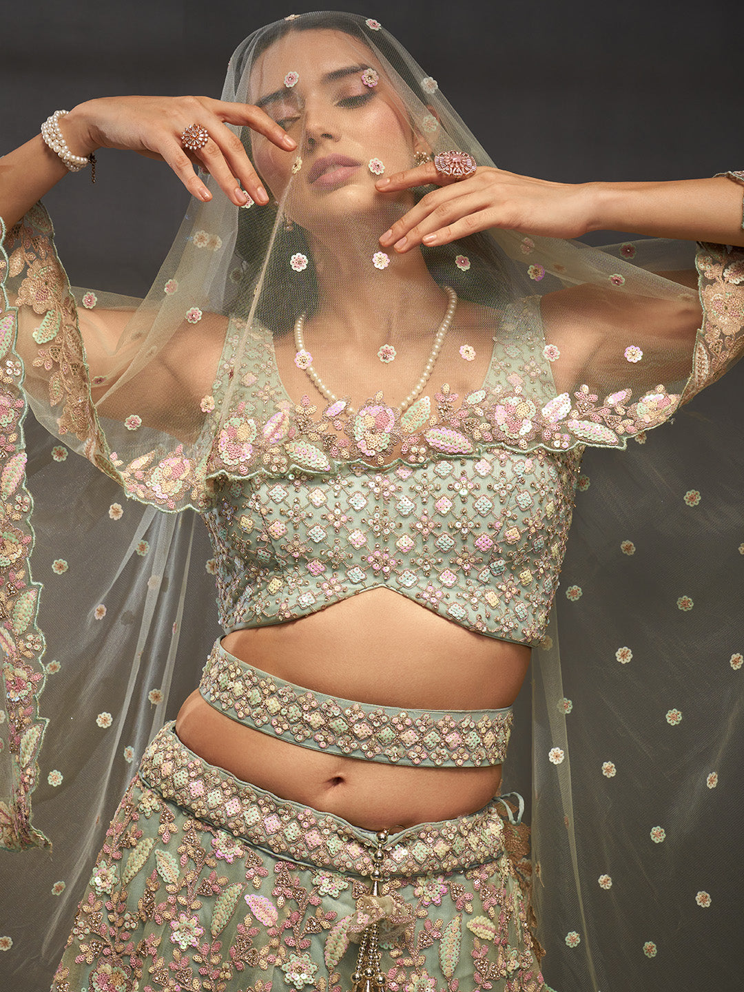 Seagreen - Multi Sequins Heavy Zarkan Net Embroidered Semi-Stitched Bridal Lehenga choli - qivii