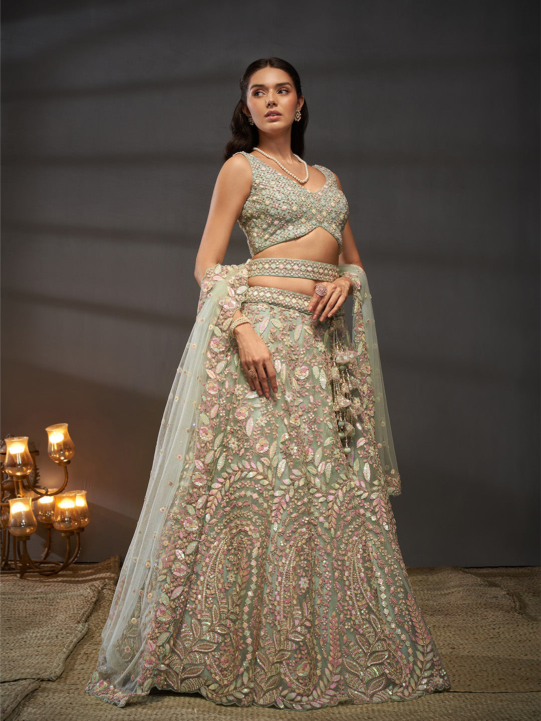 Seagreen - Multi Sequins Heavy Zarkan Net Embroidered Semi-Stitched Bridal Lehenga choli - qivii