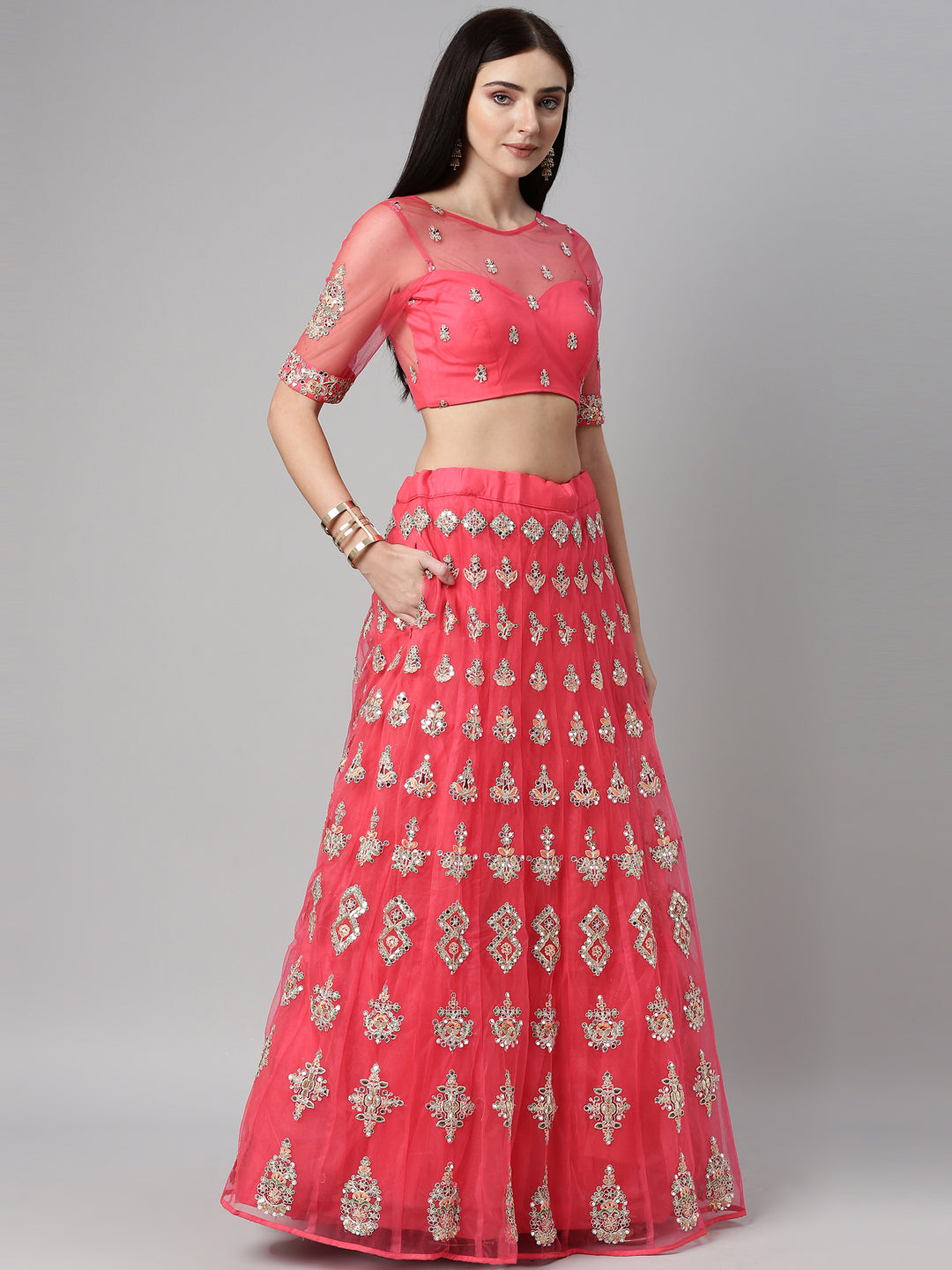 Teal Embroidered Net Semi-Stitched Lehenga Using Mirror - qivii