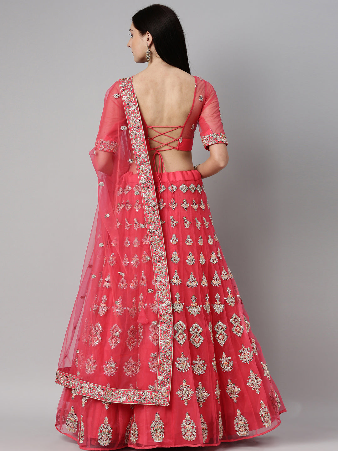 Teal Embroidered Net Semi-Stitched Lehenga Using Mirror - qivii